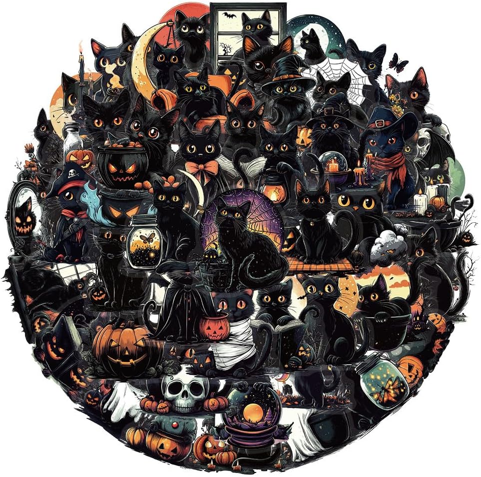 Black | B0FQHK2S22 | 50 PCS Black Cat Stickers - Window Clings, Wall, Fridge, Phone - Cute Black Cat Window Decorations