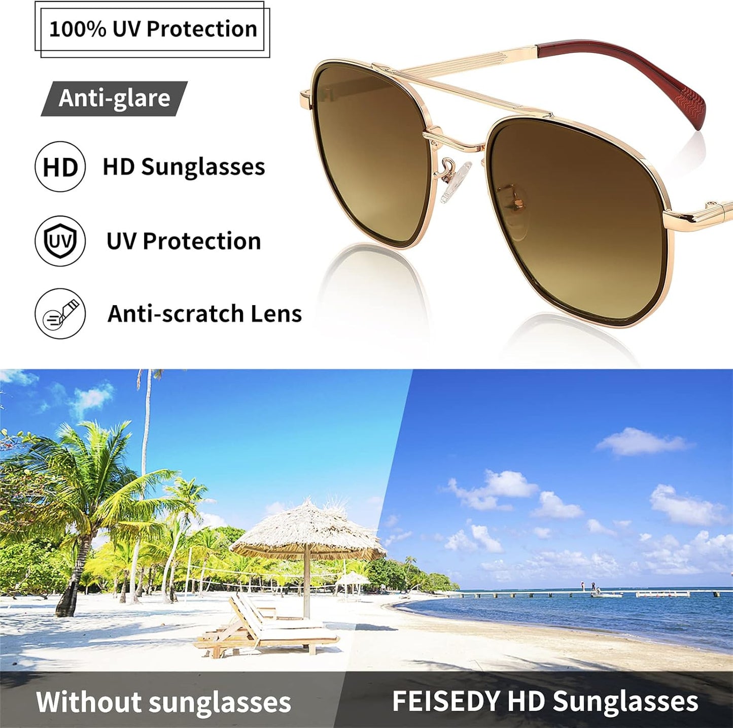 商品图片 13 | B0B38ZHMJL | FEISEDY Sunglasses Aviator Men Women 70s Sun Glasses Square Frame UV400 Protection B2953