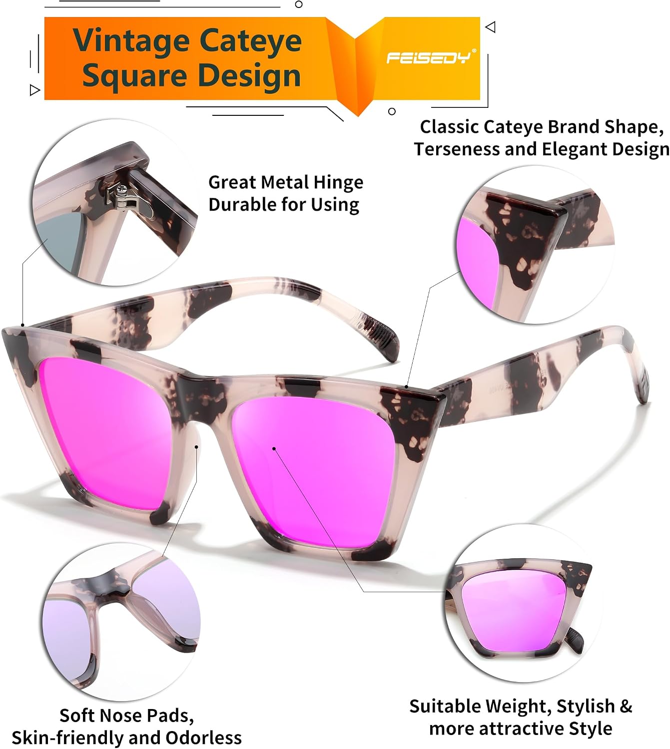 商品图片 45 | B0C5378735 | FEISEDY Vintage Square Cat Eye Sunglasses Women Trendy Cateye Sunglasses B2473