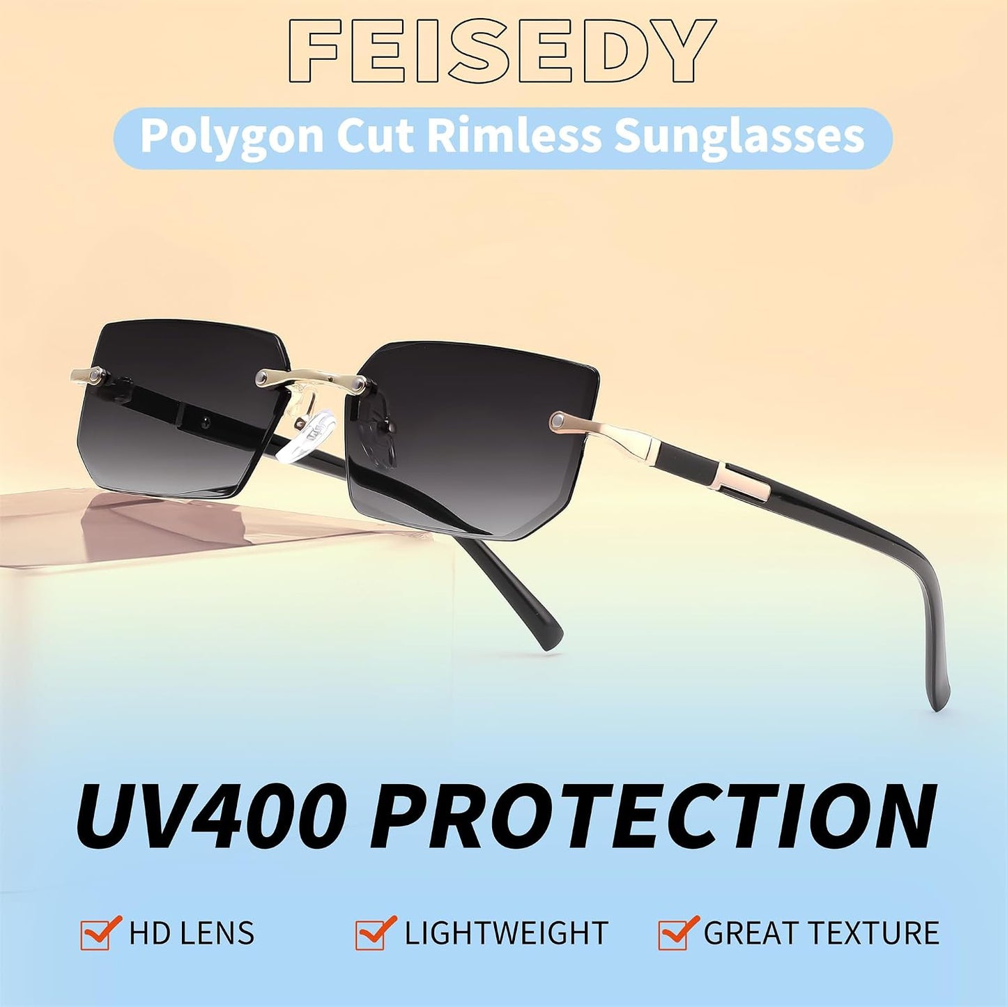 商品图片 46 | B0CY2Q4VW1 | FEISEDY Rimless Sunglasses Y2K Retro Small Narrow Rectangle Shades B2643