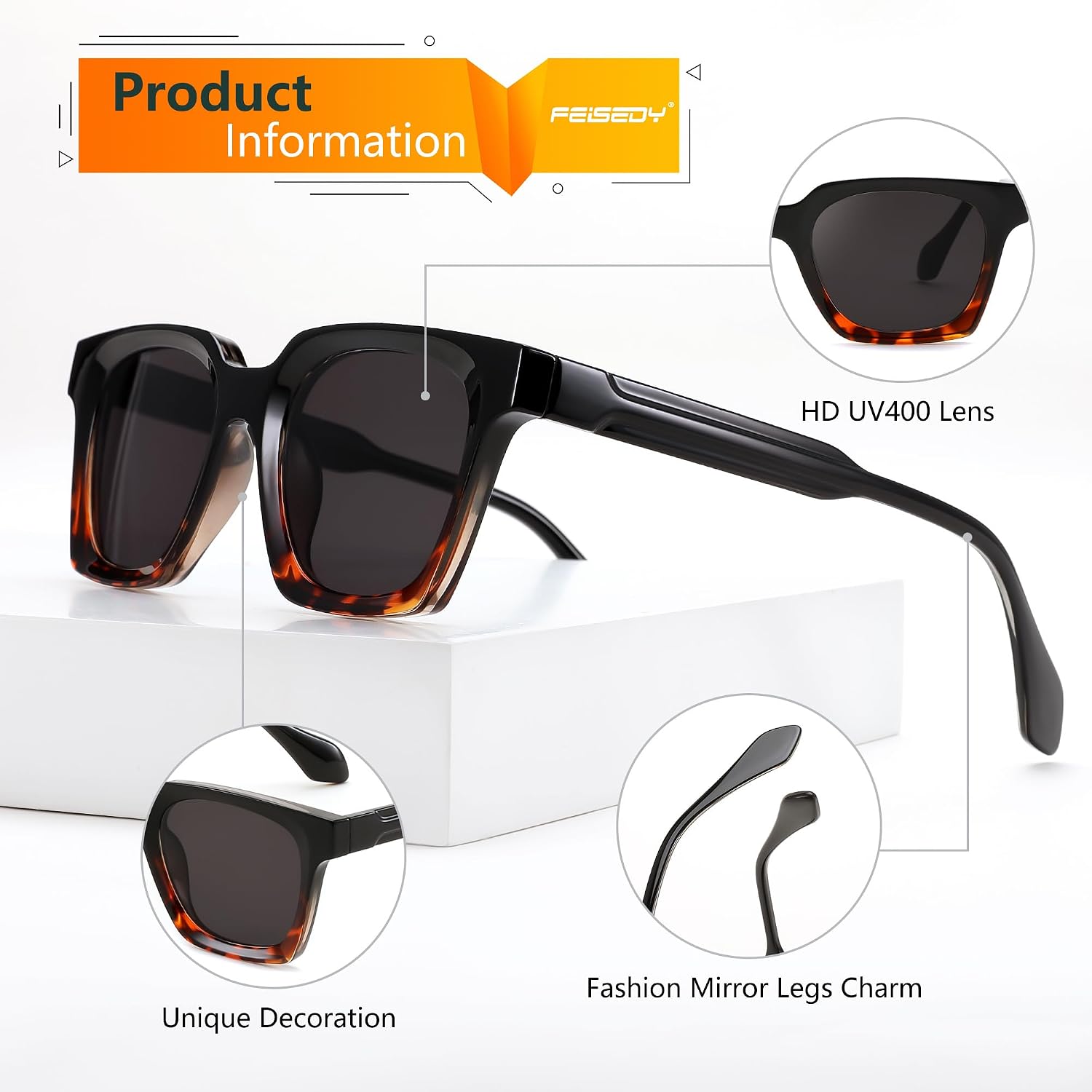 商品图片 11 | B0D7CC769X | FEISEDY Retro Square Sunglasses Women Men Trendy Rectangle Thick Frame Shades Classic Designer Sun Glasses B0198