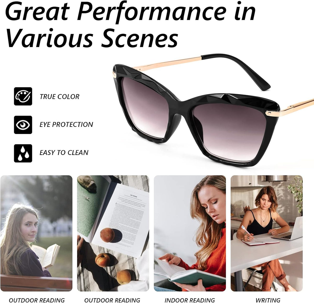 商品图片 7 | B09XDZ71JH | FEISEDY Vintage Cat Eye Reading Sunglasses Full Lens Women Sun Reader Glasses Spring Hinges B2896