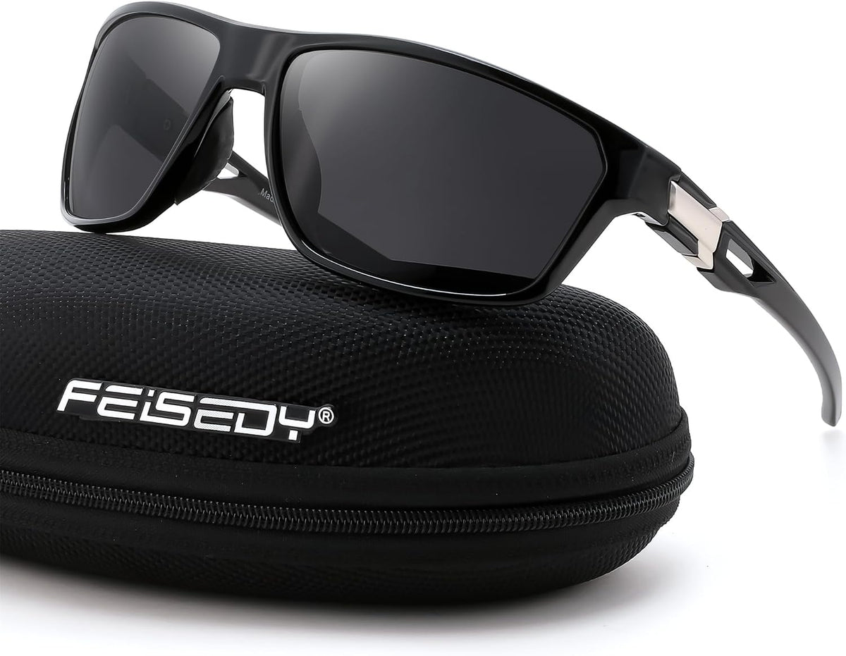 Black + Grey Lens / Medium | B0GZTL463L | FEISEDY Sport Sunglasses Polarized UV400 Protection for Men Women B1389