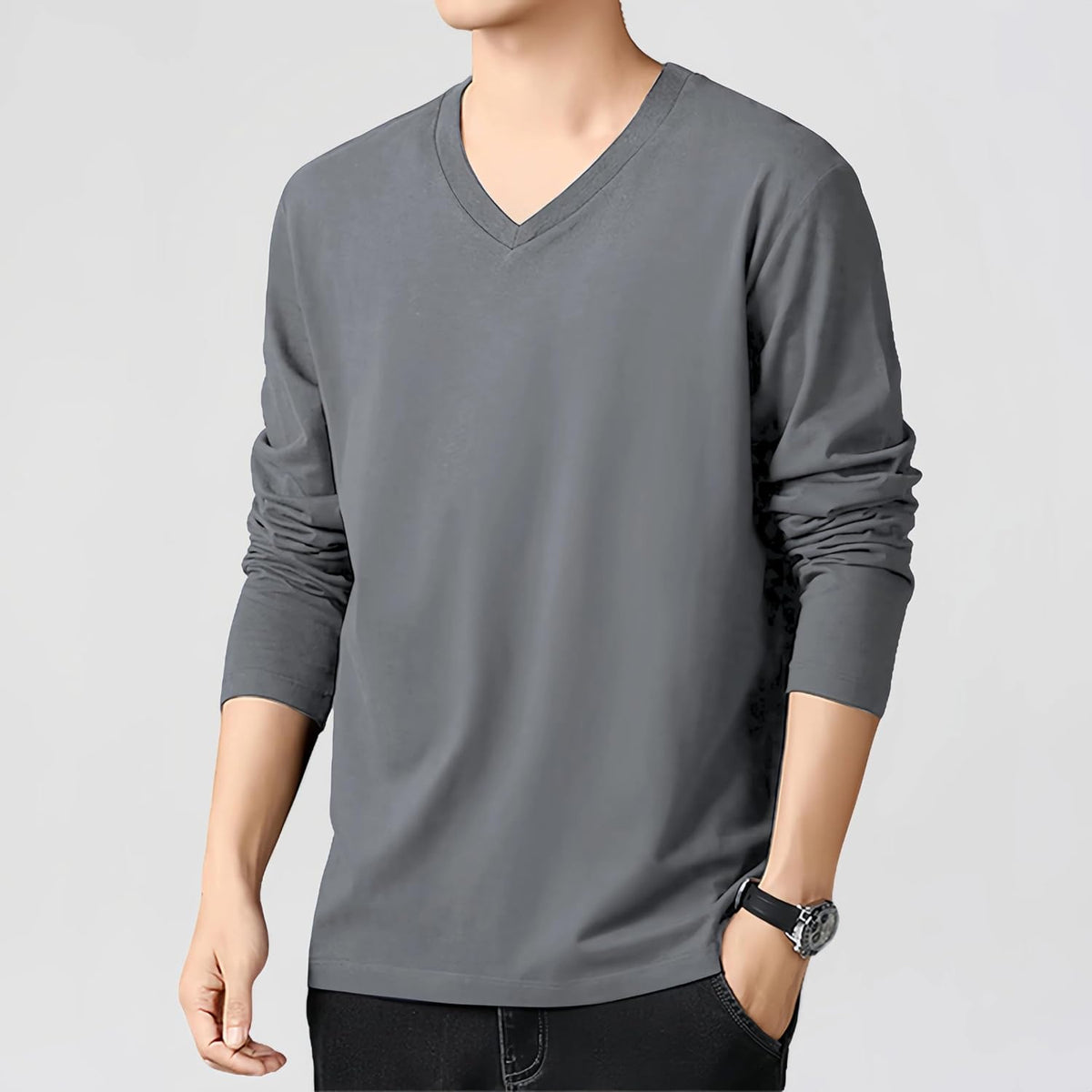 XX-Large / Grey | B0FYFQ9JLK | Mens Long Sleeve Tee Shirts, Soft Cotton V-Neck T-Shirt for Men, Thin Casual Long Sleeve Shirts for Men, Black/White/Gray
