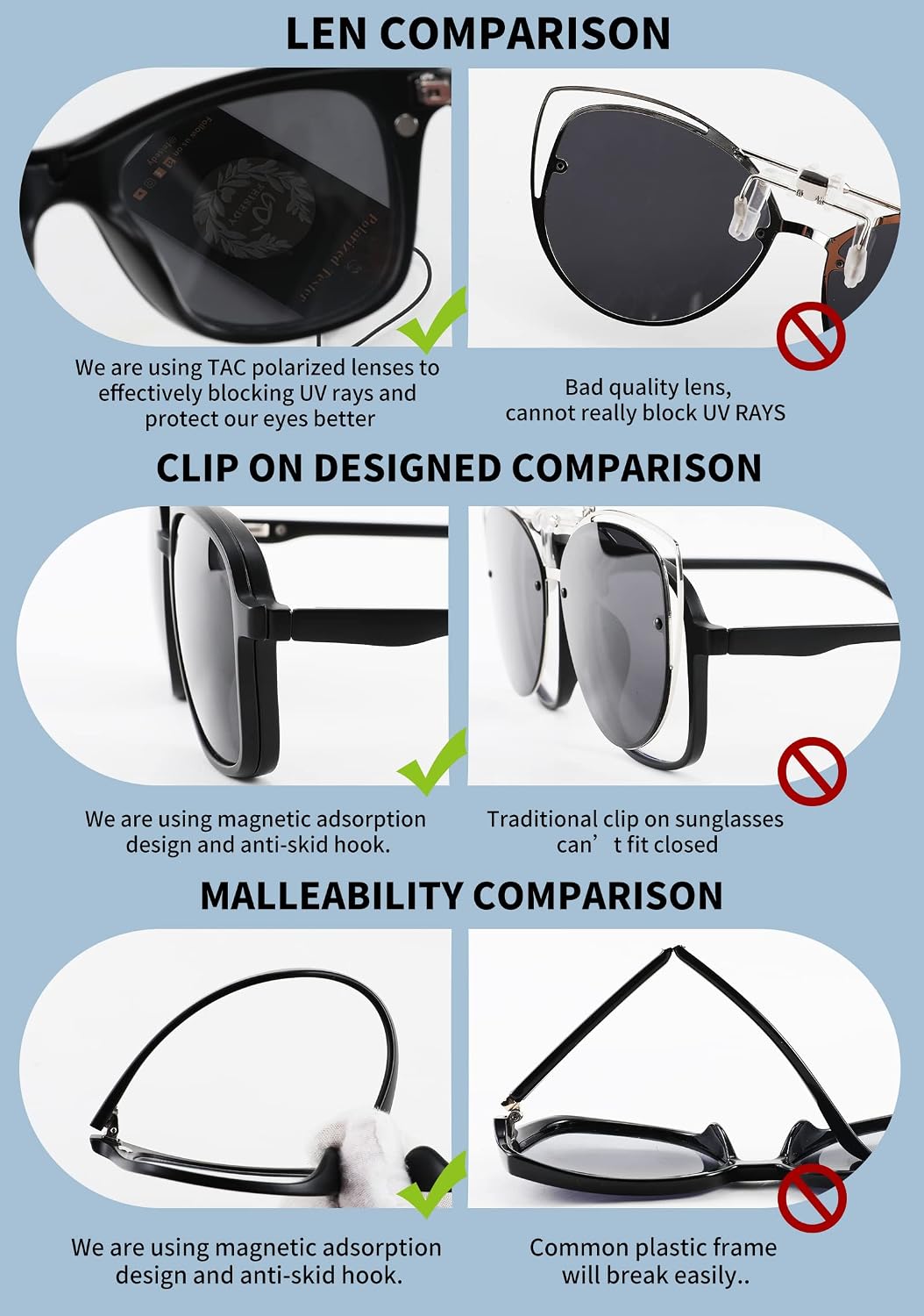 商品图片 10 | B09R13L9H4 | FEISEDY Magnetic Clip on Sunglasses TR90 Frame TAC 5pcs Replacement Lens Set Sunglasses for Men Women B2884