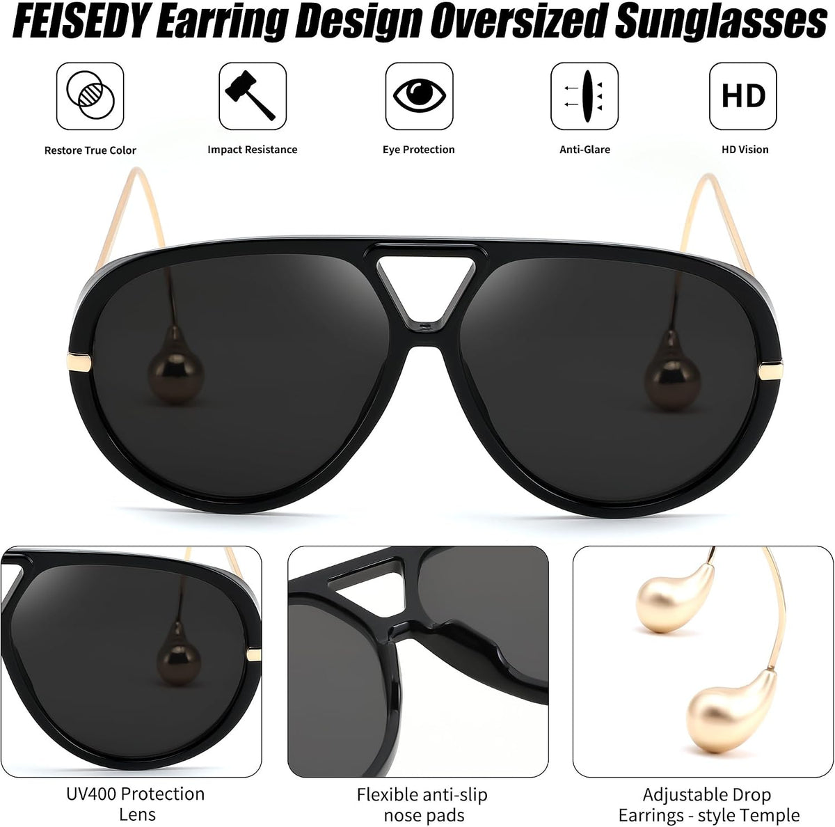 ÉÌƷͼƬ 37 | B0F8N8W8JM | FEISEDY Oversized Aviator Sunglasses With Earring Design for Women Large Big Frame Luxury Designer Shades for Ladies B0296