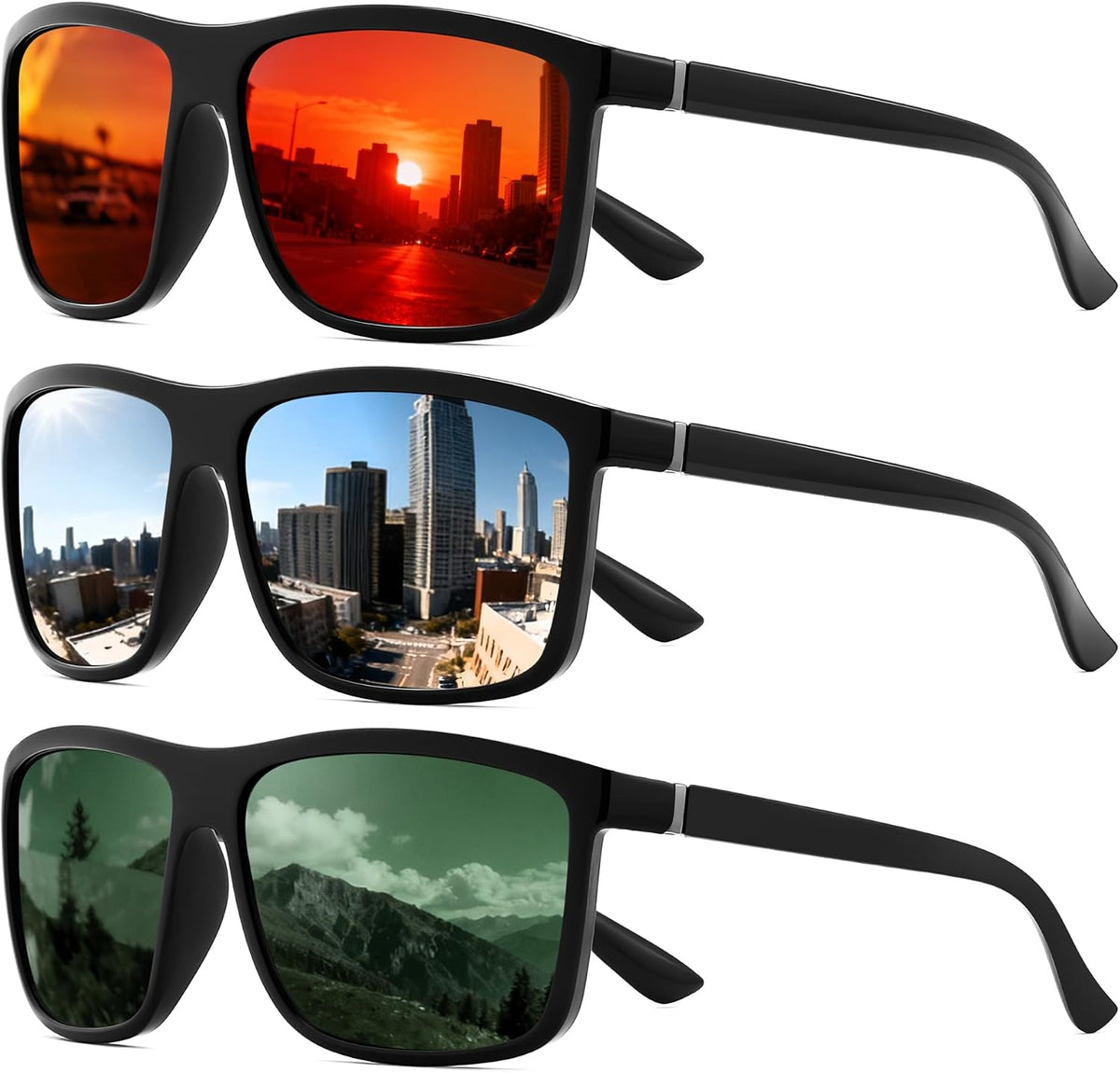 Black/Red+black/Sliver+matte Black/Green / 55 Millimeters | B0FPM3ZXZW | FEISEDY Square Polarized Sunglasses For Men Women B0322