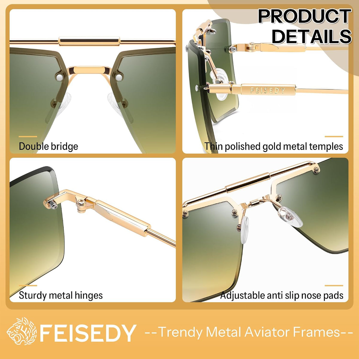 商品图片 18 | B0HFJXV98G | FEISEDY Rimless Aviator Sunglasses for Women Men Luxury UV400 Shades