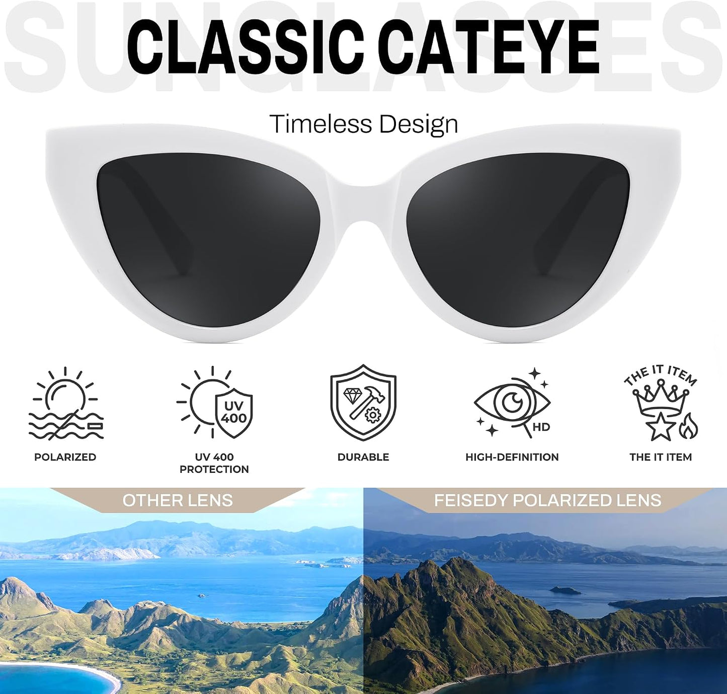 商品图片 28 | B0GVF3CZ9N | FEISEDY Cat eye Sunglasses Polarized and Retro Stylish for Women Men B0428 | UV400 Protection, for Driving Fishing Beach Travel and Party, Metal Accents, Versatile Styling