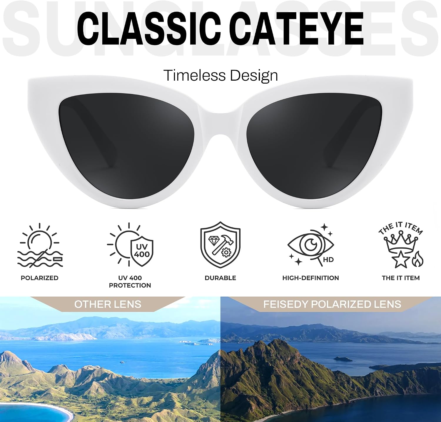 商品图片 28 | B0GVF3CZ9N | FEISEDY Cat eye Sunglasses Polarized and Retro Stylish for Women Men B0428 | UV400 Protection, for Driving Fishing Beach Travel and Party, Metal Accents, Versatile Styling