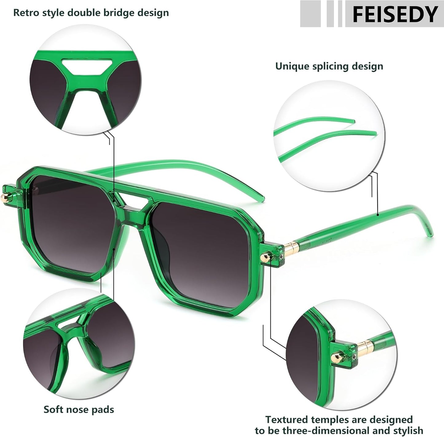 商品图片 106 | B09YTJ4FQZ | FEISEDY Vintage Square 70s Flat Aviator Sunglasses Women Men Classic Retro Stylish Frame UV400 Sunglasses B2622