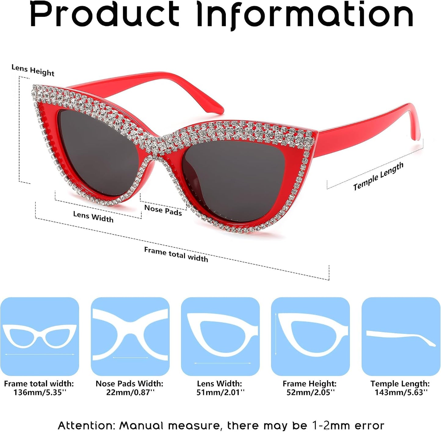 商品图片 19 | B0BZ7YMM4F | FEISEDY Oversized Women Cat Eye Rhinestone Sunglasses Costume Party B2360