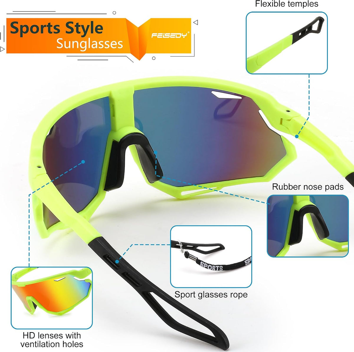 ÉÌƷͼƬ 4 | B0CNGK88DC | FEISEDY Sport Sunglasses for Men Women, Cycling Glasses with UV Protection, for Baseball, Ski, Runing, Golf B0082