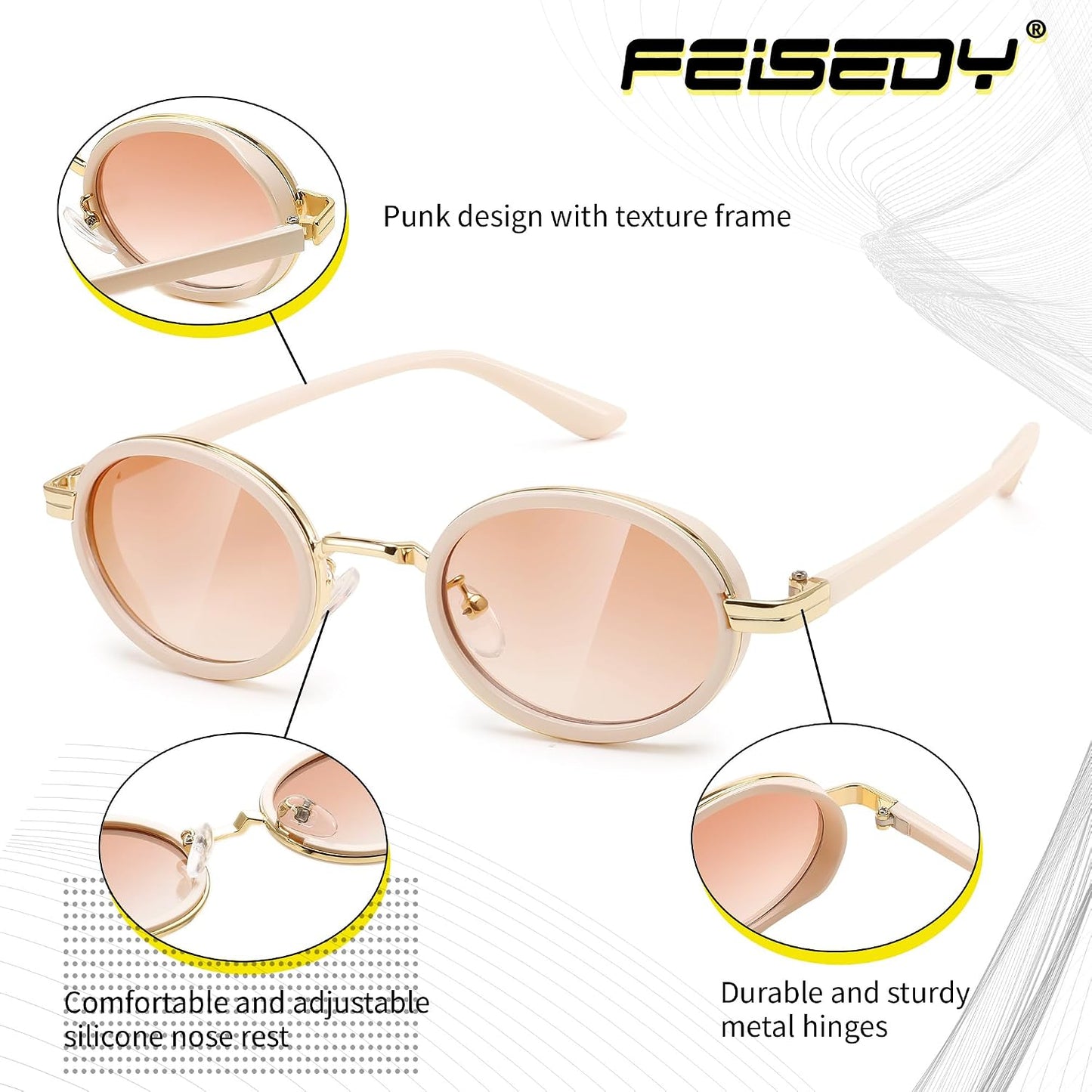 商品图片 3 | B0D94B5HP2 | FEISEDY Retro 90s Small Oval Punk Sunglasses Gothic Steampunk Round Hippie Shade Men Women B0193