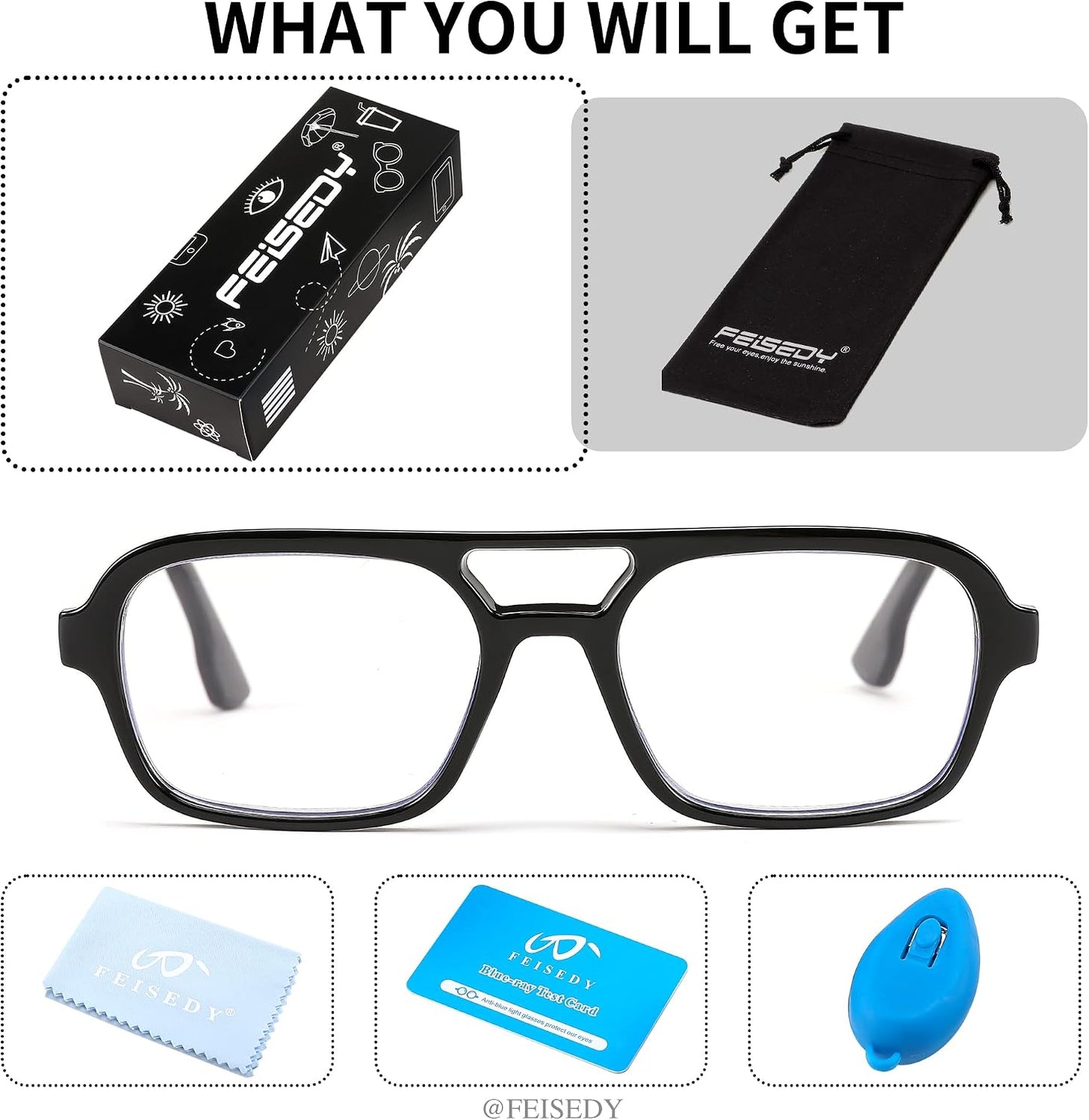 商品图片 6 | B0C65DXFMC | FEISEDY Retro Square Blue Light Blocking Reading Glasses for Women Men 70s Flat Aviator Glasses Anti-Fatigue Reader B2993