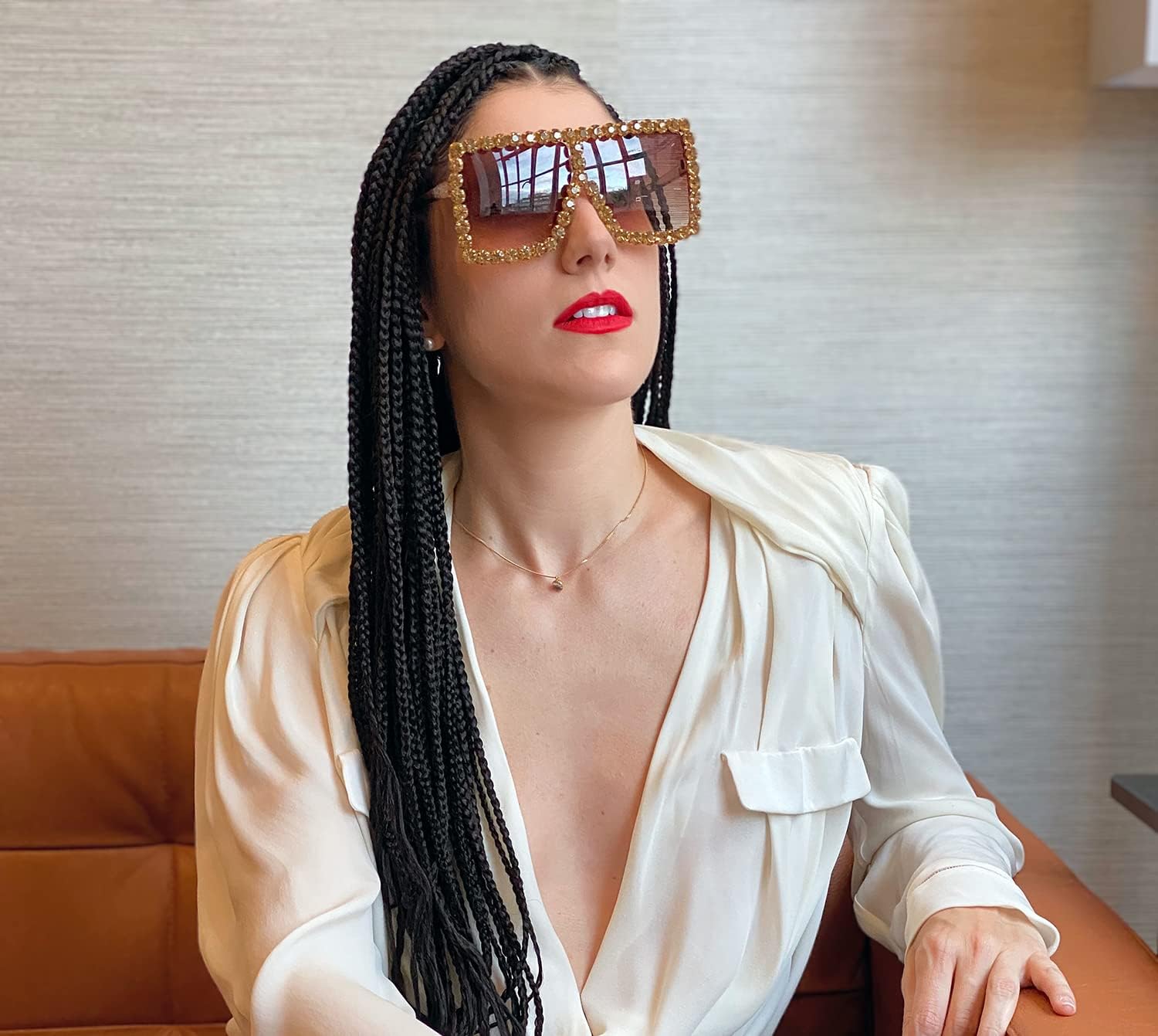 商品图片 24 | B096YZPRF2 | FEISEDY Oversized Sparkling Crystal Sunglasses Disco Diamond Flat Top Fashion Square Large Shades B2782