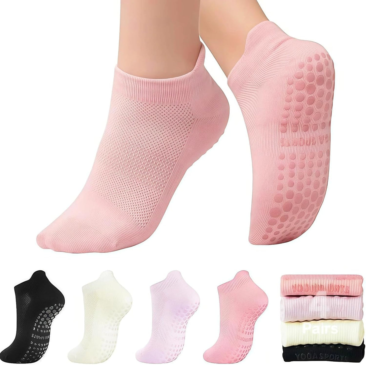 Black + Milky White + Pink + Purple | B0FSKHJJH3 | 4 Pairs Pilates Socks for Women, Grip Socks with Non-Slip Dots for Yoga, Barefoot, Workout