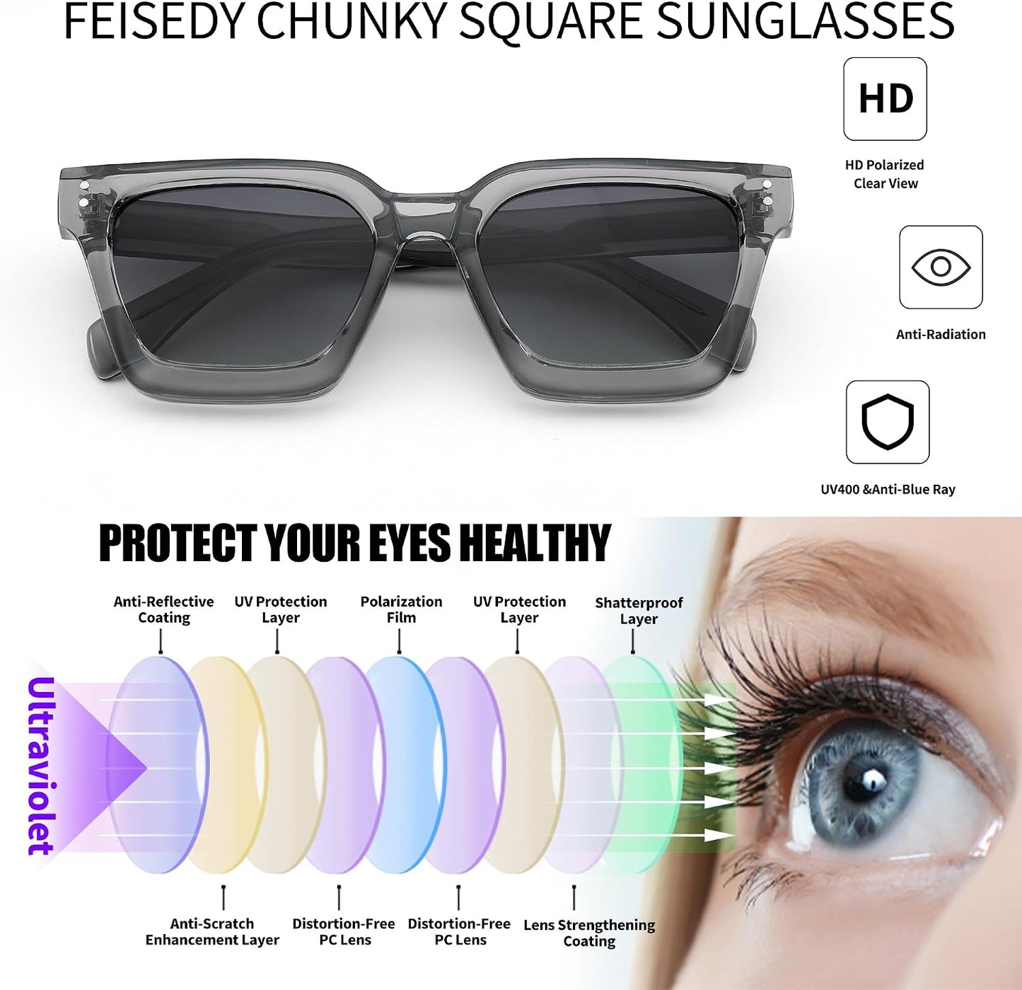商品图片 8 | B0C9J9VMJL | FEISEDY Sunglasses Men Women Polarized, Chunky Square Thick Frame, Rectangle UV400 Shade Sun Glasses B2396