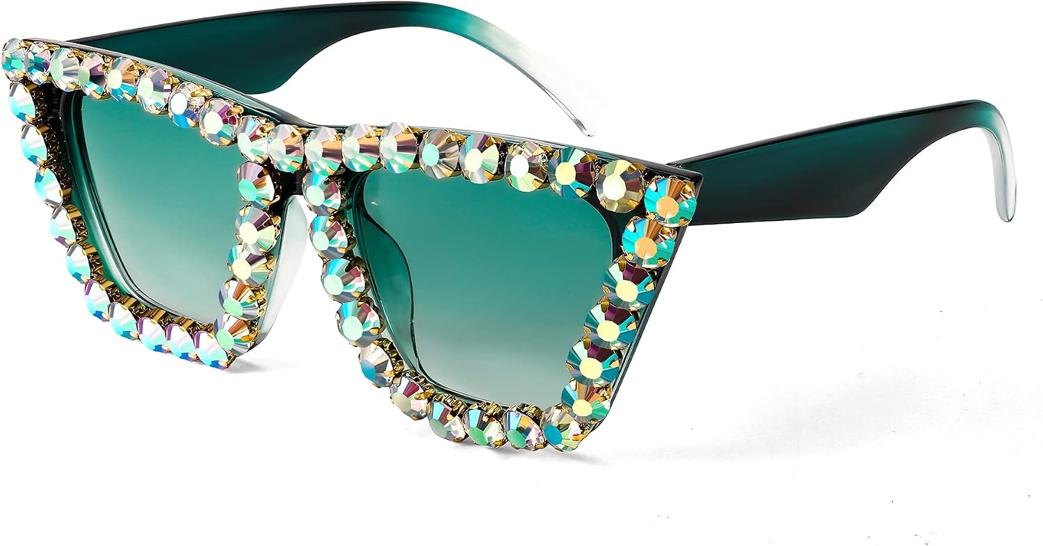 Blackish Green / 52 Millimeters | B0BJPQY2H9 | FEISEDY Women Crystal Square Cat Eye Sunglasses Sparkling Trendy Retro Cateye Sunglasses B2898