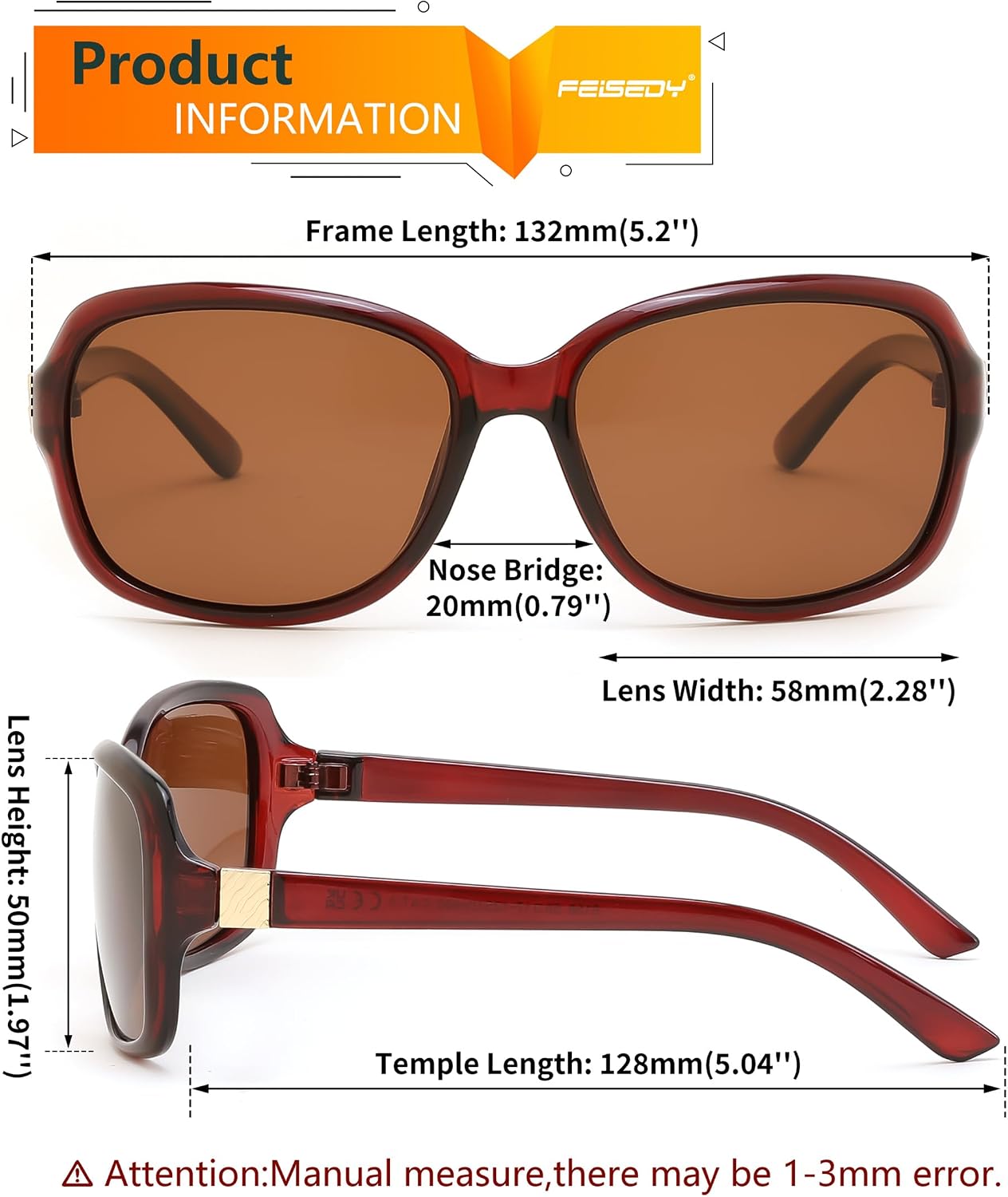 商品图片 48 | B0FZKDK786 | FEISEDY Polarized Sunglasses for Women Classic Vintage UV400 Shade | Trendy Square Wraparound Ladies Sun Glasses B0309