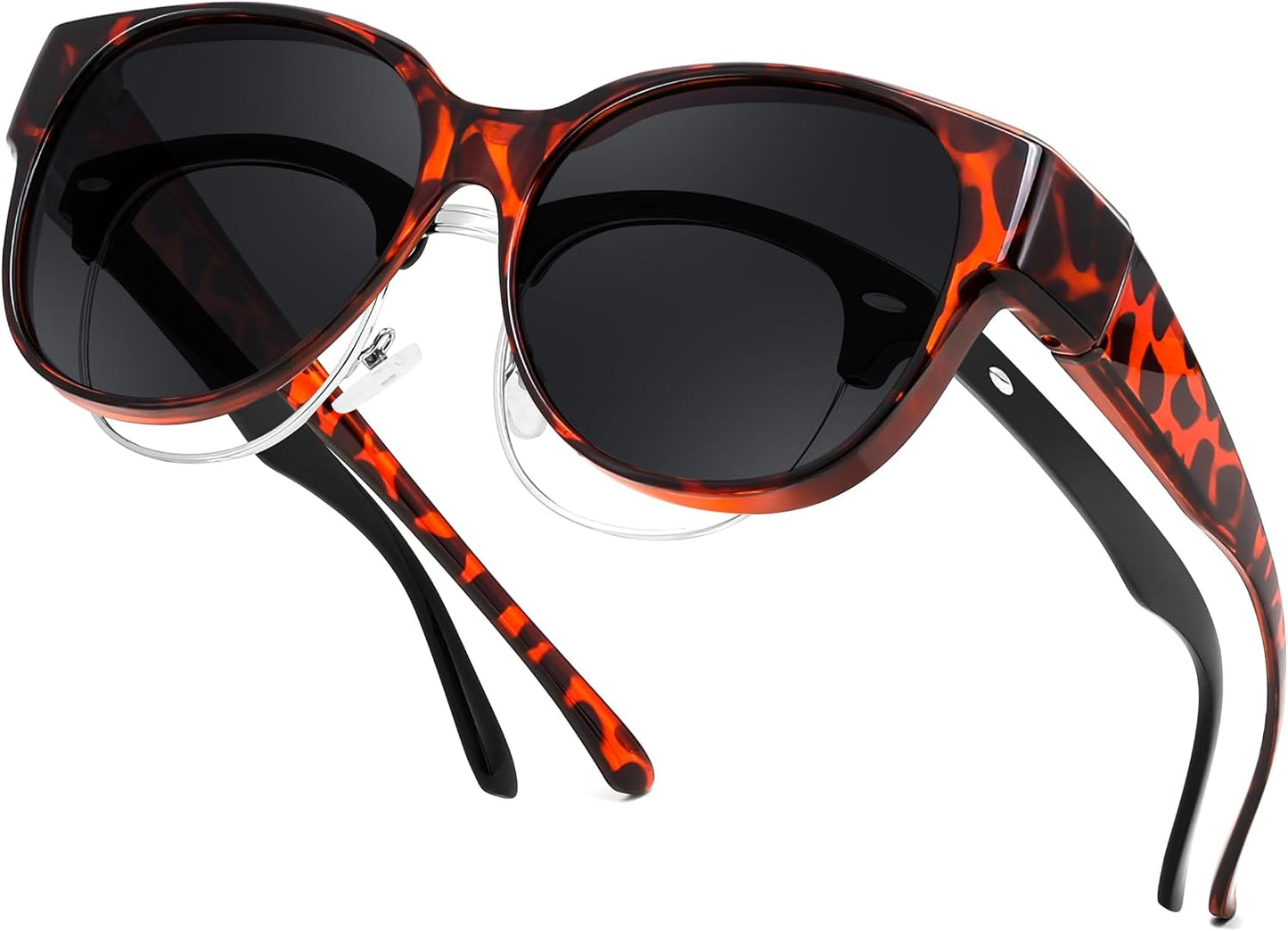 FEISEDY Fit Over Glasses Polarized Sunglasses, UV400 Protection for Driving & Outdoor Activities B0328 | RED Series - Leopard Frame & Grey Lens