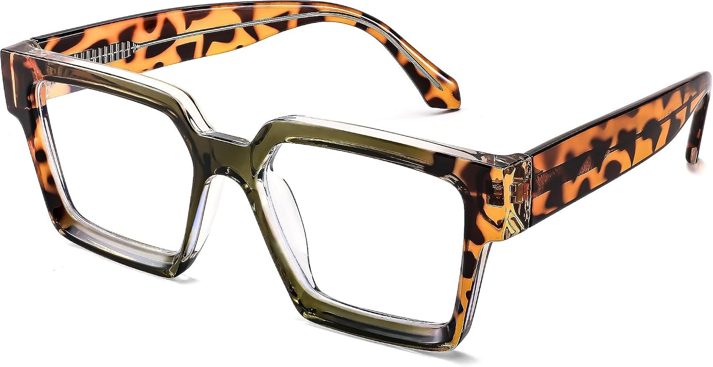 005 - Green Leopard / 53 Millimeters | B0CDBDF25X | FEISEDY Oversized Blue Light Glasses for Women Men TR90 Retro Square Anti Eyestrain Glasses Rectangle Fashion Frame B0037