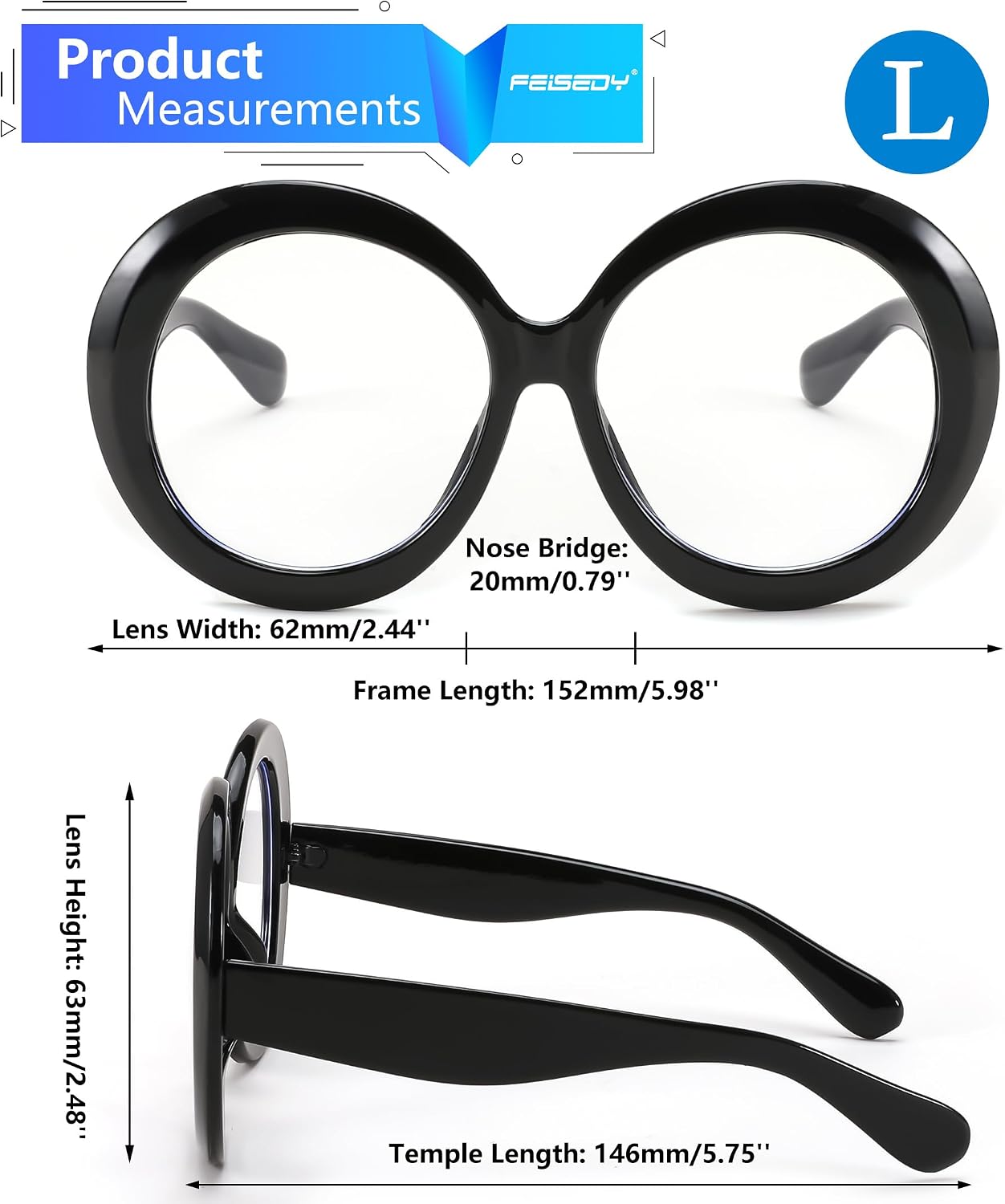 商品图片 24 | B0CQ26NQZS | FEISEDY Oversized Blue Light Blocking Glasses Women Men Retro Big Round Frame Eyewear Clear Lens Computer Glasses B2997