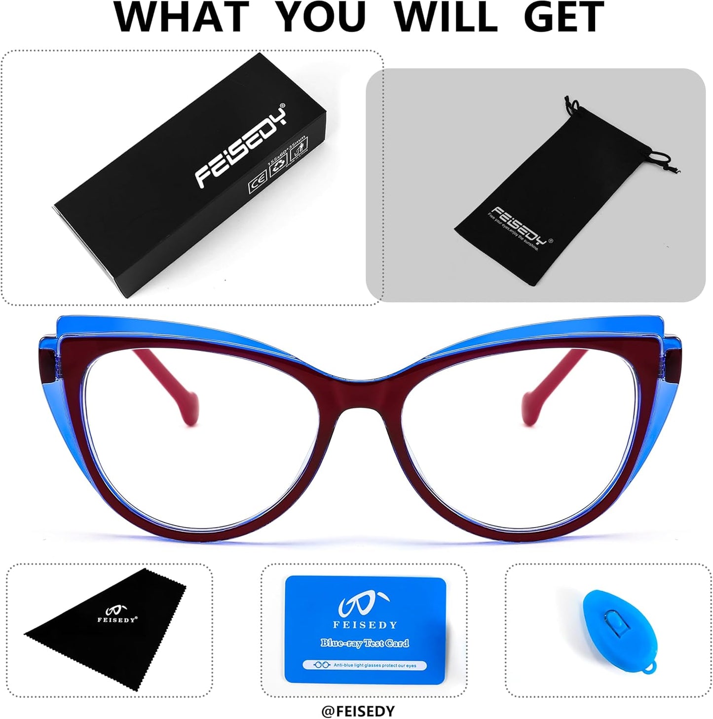 商品图片 7 | B0CGNLZQFZ | FEISEDY Women Cateye Blue Light Blocking Glasses Fake Nerd Clear Computer Eyewear TR Fashion Frame B0040