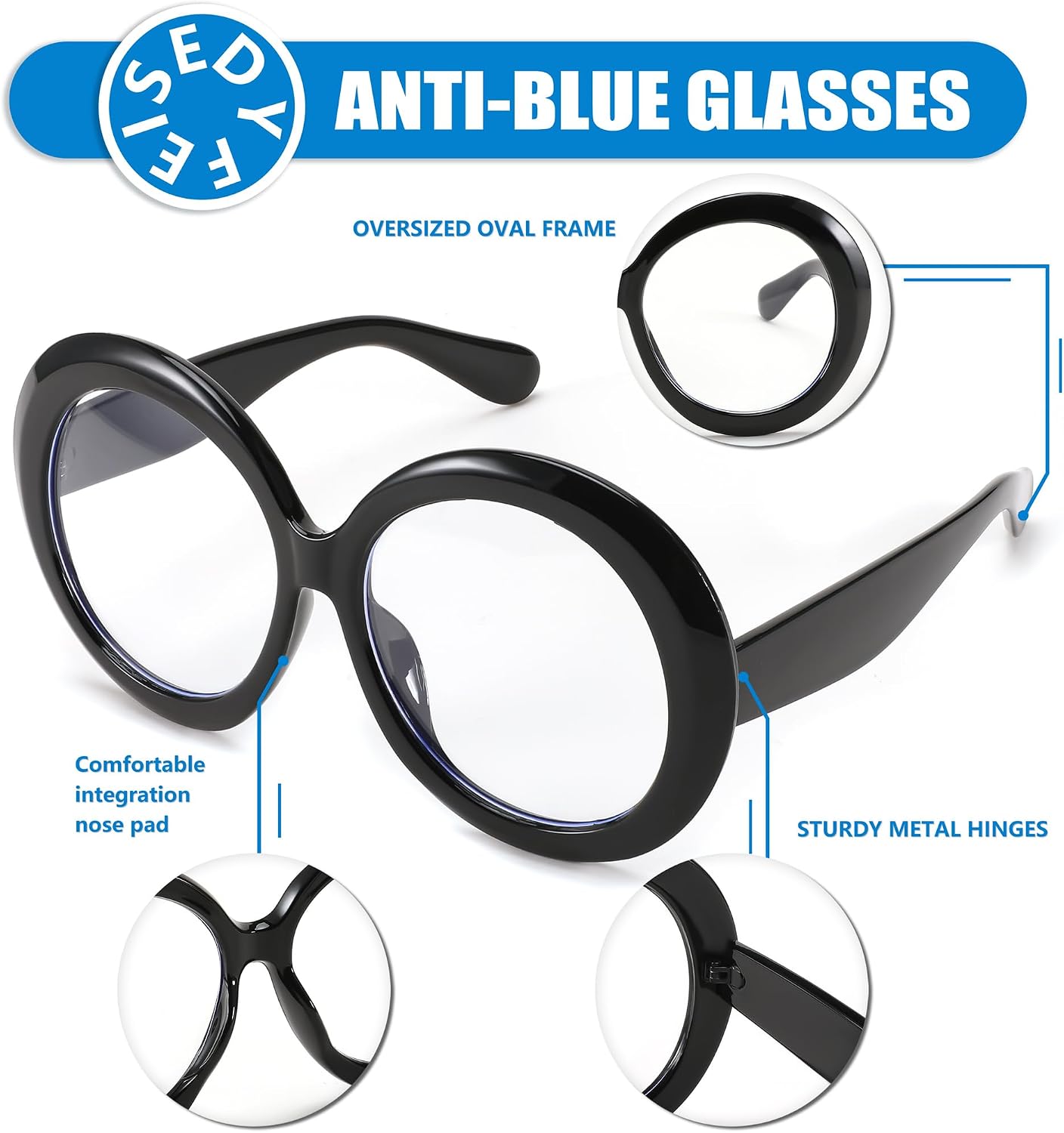 商品图片 25 | B0CQ26NQZS | FEISEDY Oversized Blue Light Blocking Glasses Women Men Retro Big Round Frame Eyewear Clear Lens Computer Glasses B2997