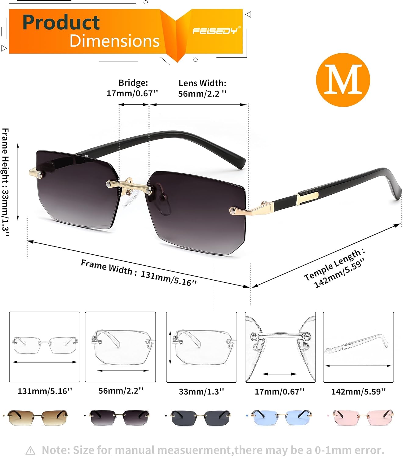 商品图片 48 | B0CY2Q4VW1 | FEISEDY Rimless Sunglasses Y2K Retro Small Narrow Rectangle Shades B2643