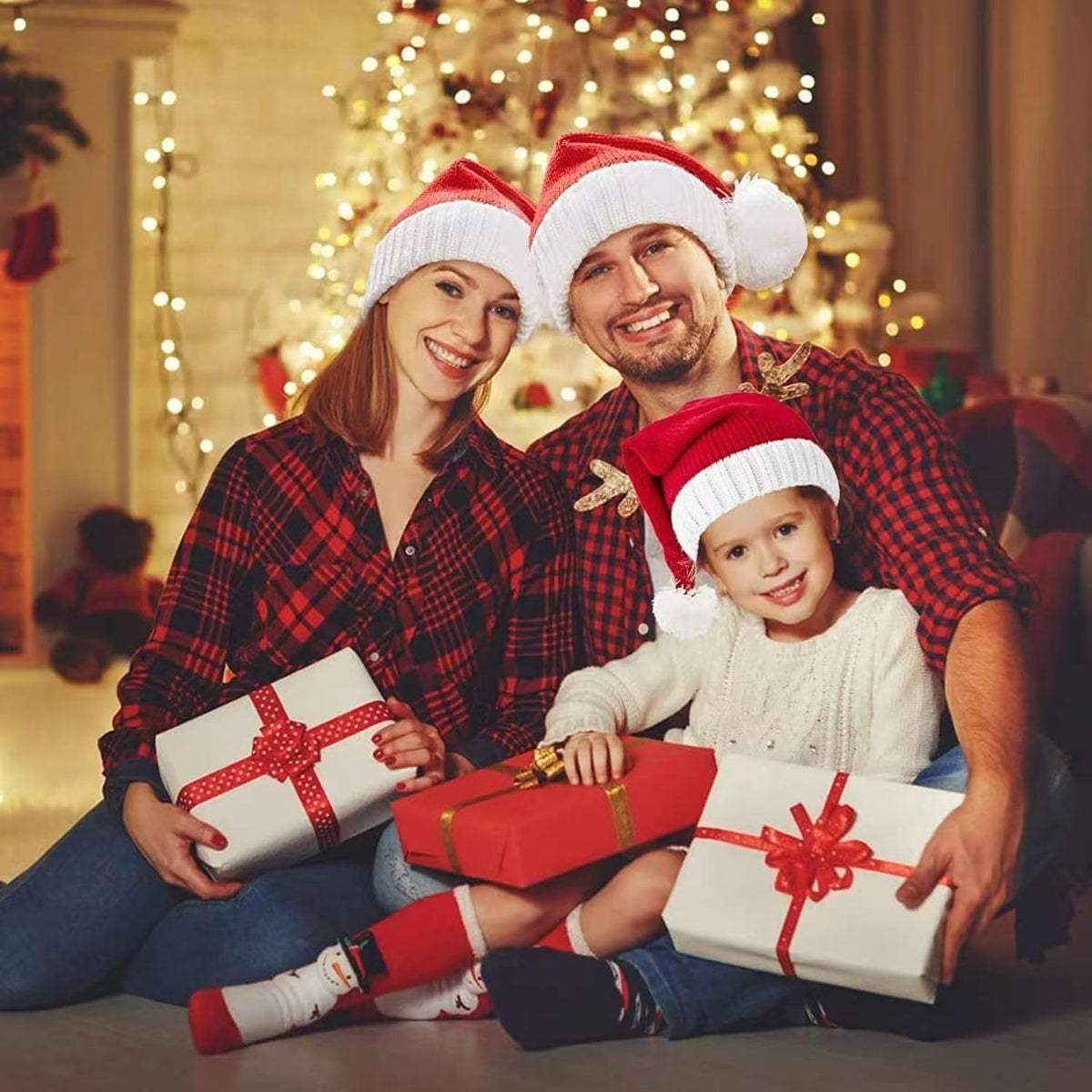 商品图片 5 | B0FWRJTSBJ | Santa Hats Adult & Kids, Christmas Hat with Pom Pom - Stretchy Knit Beanie, Soft Warm Acrylic Winter Hat for Xmas Party