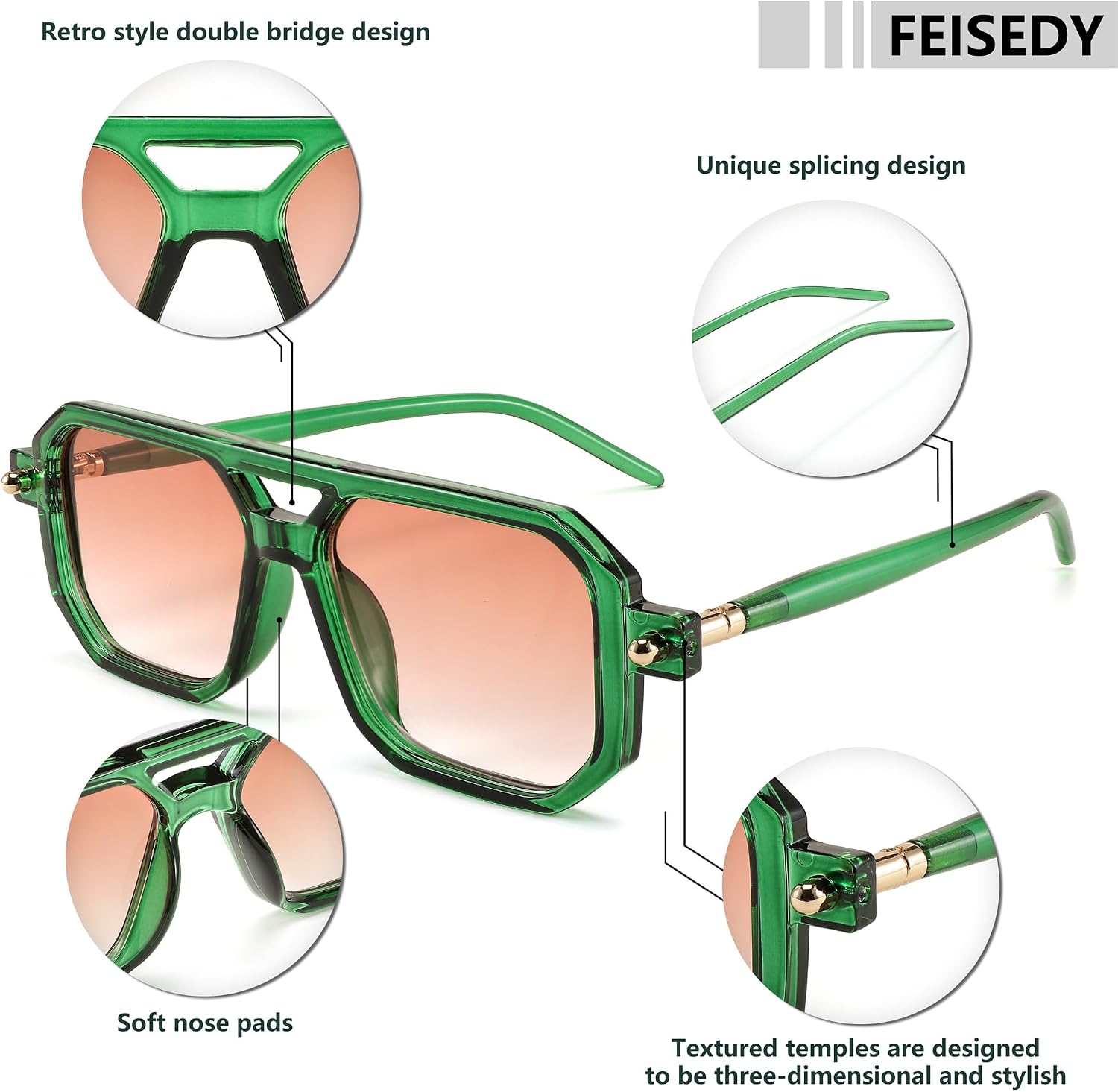 商品图片 43 | B09YTJ4FQZ | FEISEDY Vintage Square 70s Flat Aviator Sunglasses Women Men Classic Retro Stylish Frame UV400 Sunglasses B2622
