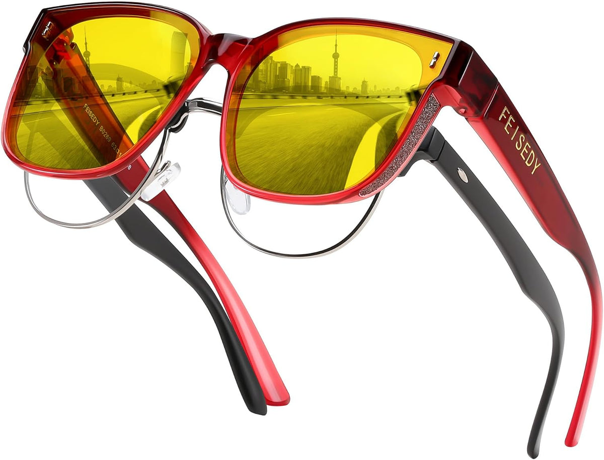 Yellow Lens - Gradual Wine Red Frame / 64 Millimeters | B0DPWKC65C | FEISEDY Sunglasses That Fit Over Glasses for Women Men UV400 B0269