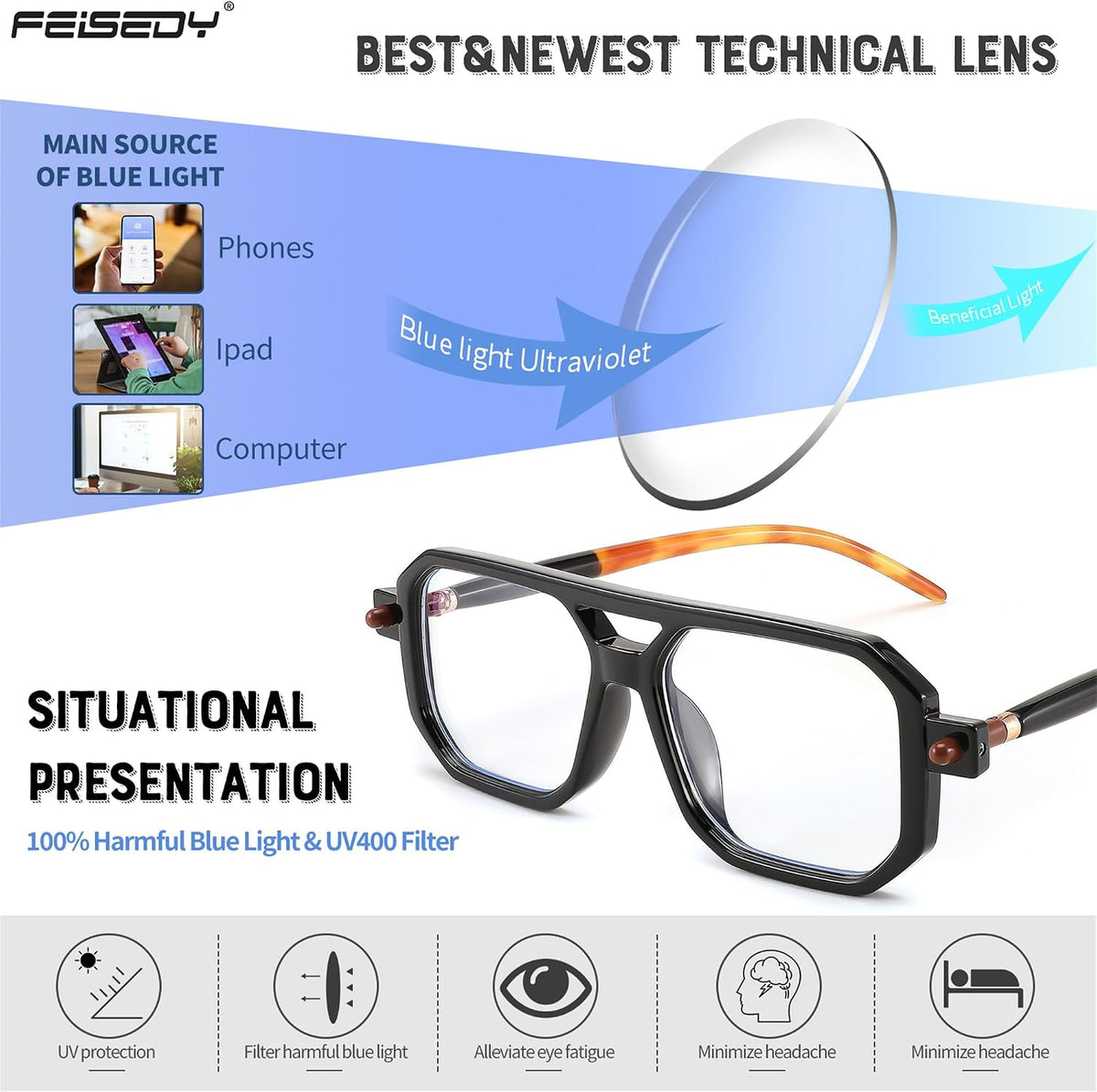 ÉÌƷͼƬ 12 | B0CNGDG64J | FEISEDY Vintage Square Blue Light Blocking Reading Glasses Women Men B0090