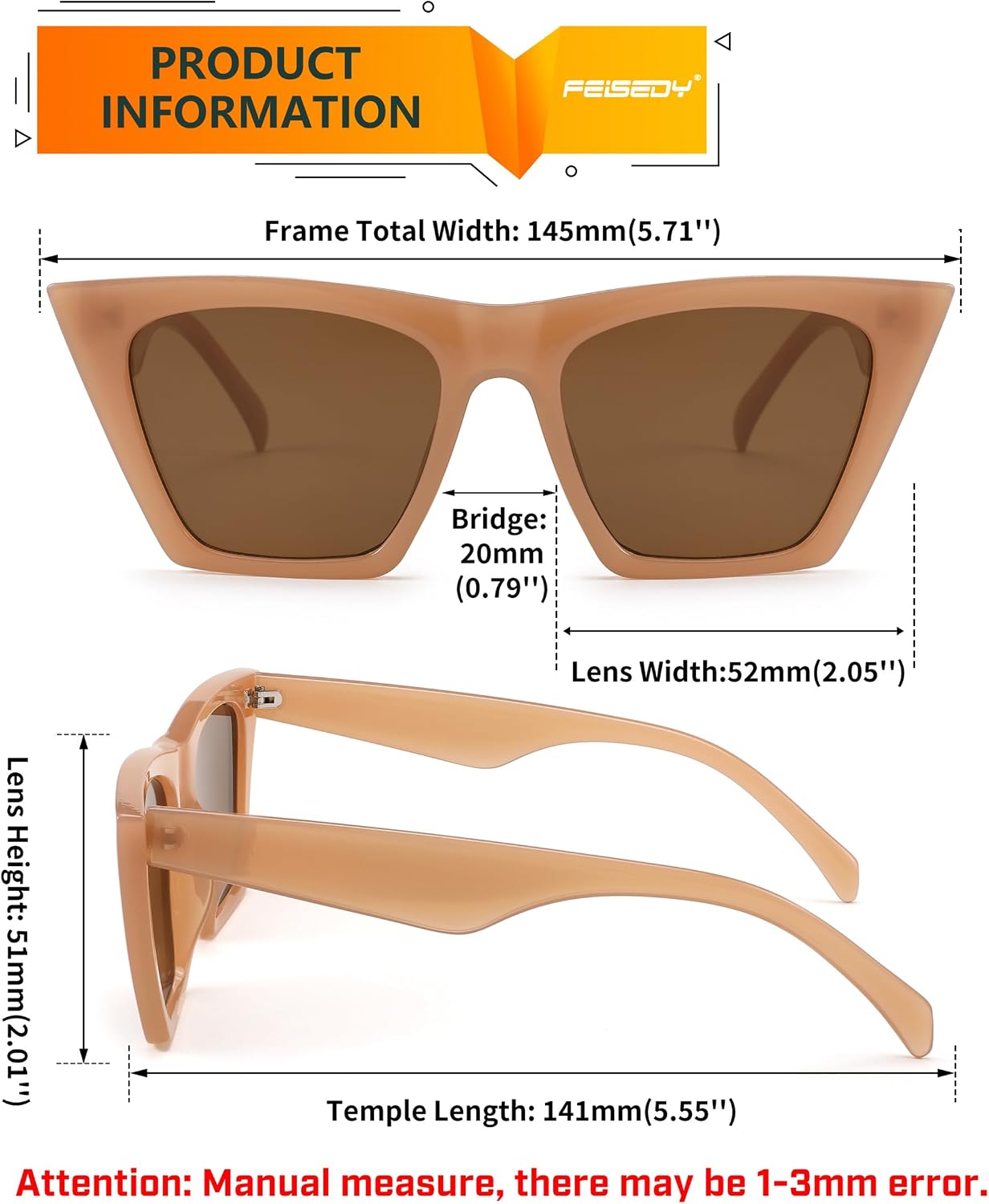 商品图片 29 | B0C5378735 | FEISEDY Vintage Square Cat Eye Sunglasses Women Trendy Cateye Sunglasses B2473