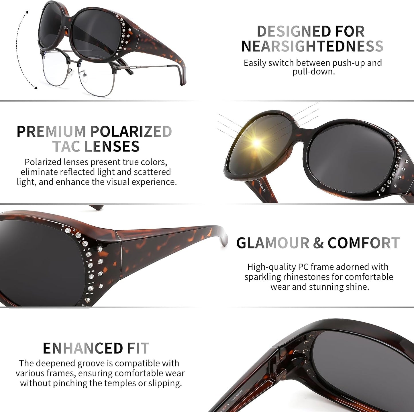 商品图片 39 | B0GRVLVZYS | FEISEDY Women's Polarized Wrap-Around Fit Over Sunglasses with Rhinestones, Anti-Glare Driving Sun Glasses B0362