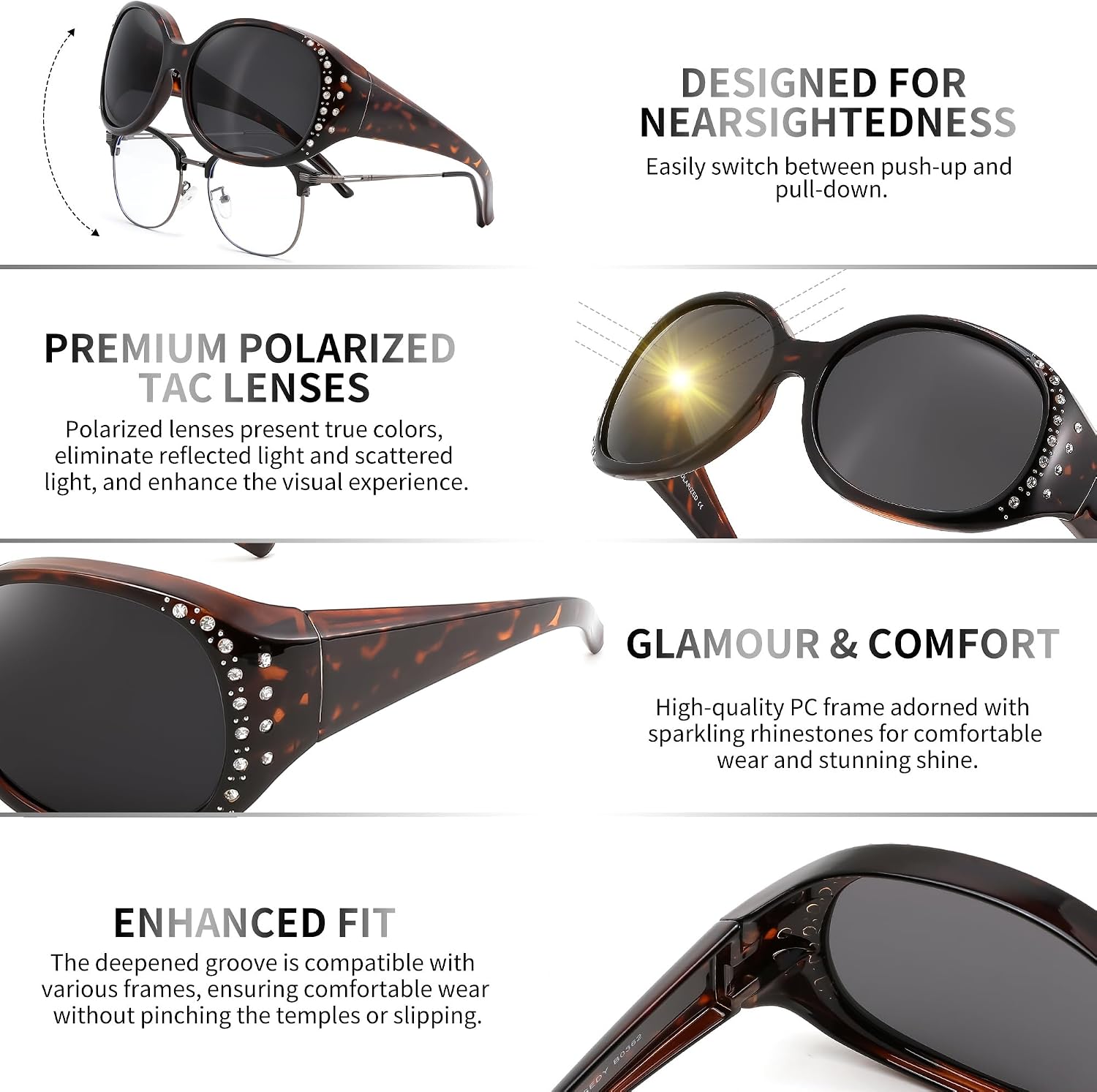 商品图片 39 | B0GRVLVZYS | FEISEDY Women's Polarized Wrap-Around Fit Over Sunglasses with Rhinestones, Anti-Glare Driving Sun Glasses B0362