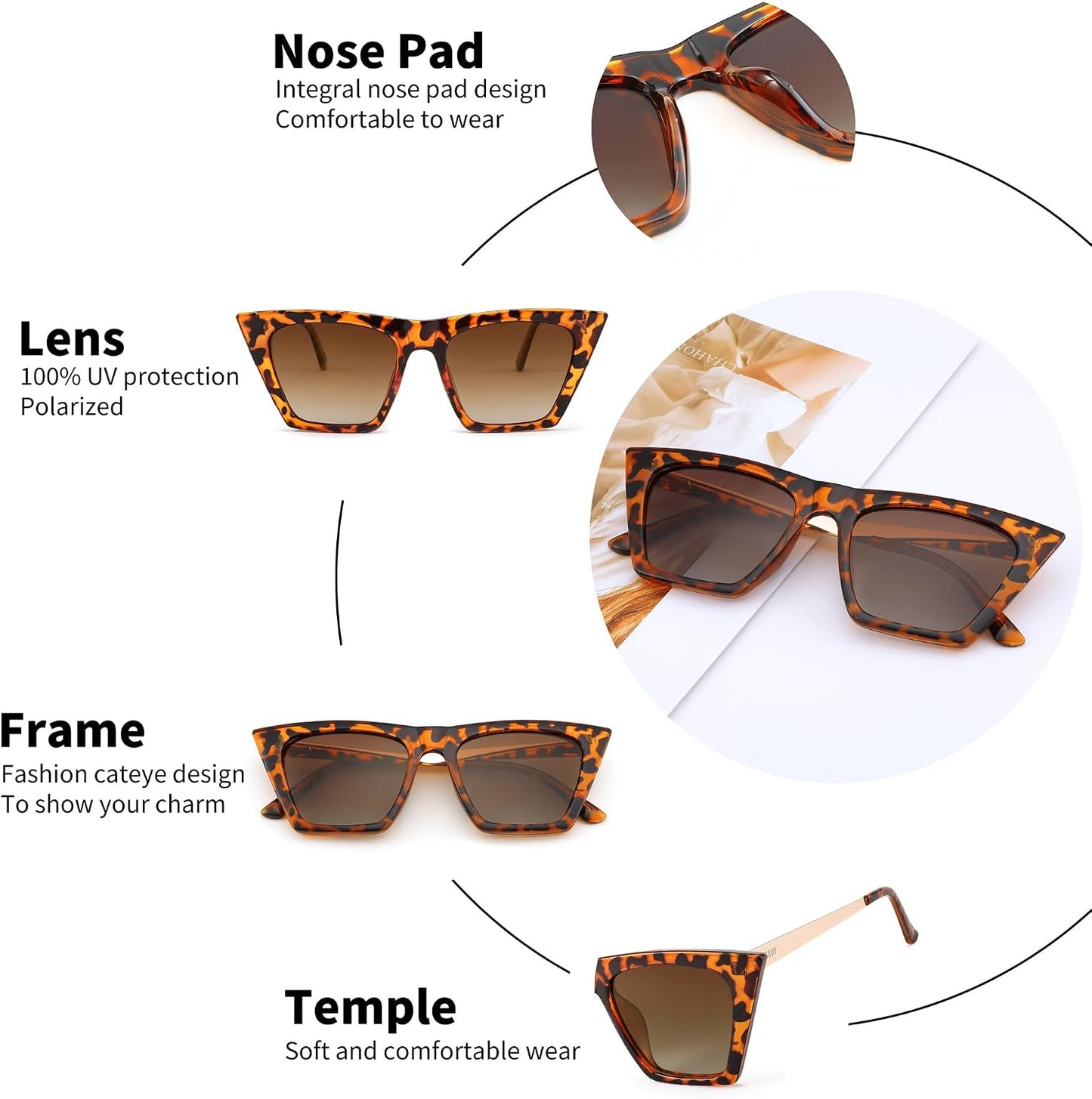 商品图片 4 | B0BY2ML713 | FEISEDY Vintage Square Polarized Cat Eye Sunglasses for Women Men Trendy Fashion Sunnies B2382