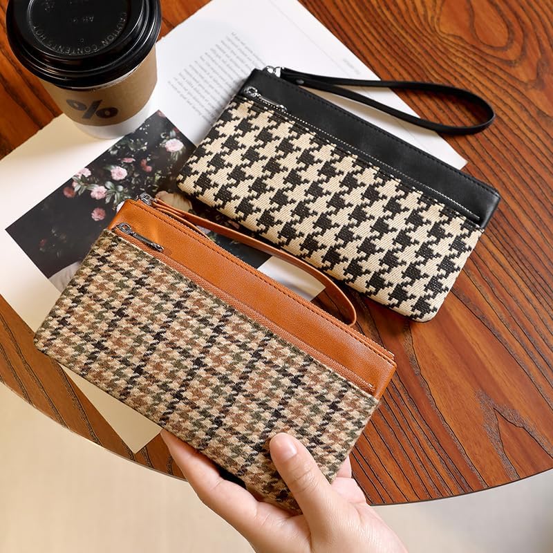 商品图片 4 | B0FX9CLZGR | Vintage Houndstooth Long Wallet for Women, Small Wallets Woman with Wrist Strap Womens Wallet for Phone Cards