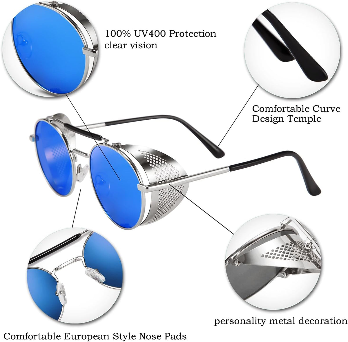ÉÌƷͼƬ 14 | B09LYD9SW2 | FEISEDY Steam Punk Sunglasses for Men Women Side Shield Round Steampunk Vintage Glasses Shades B2518