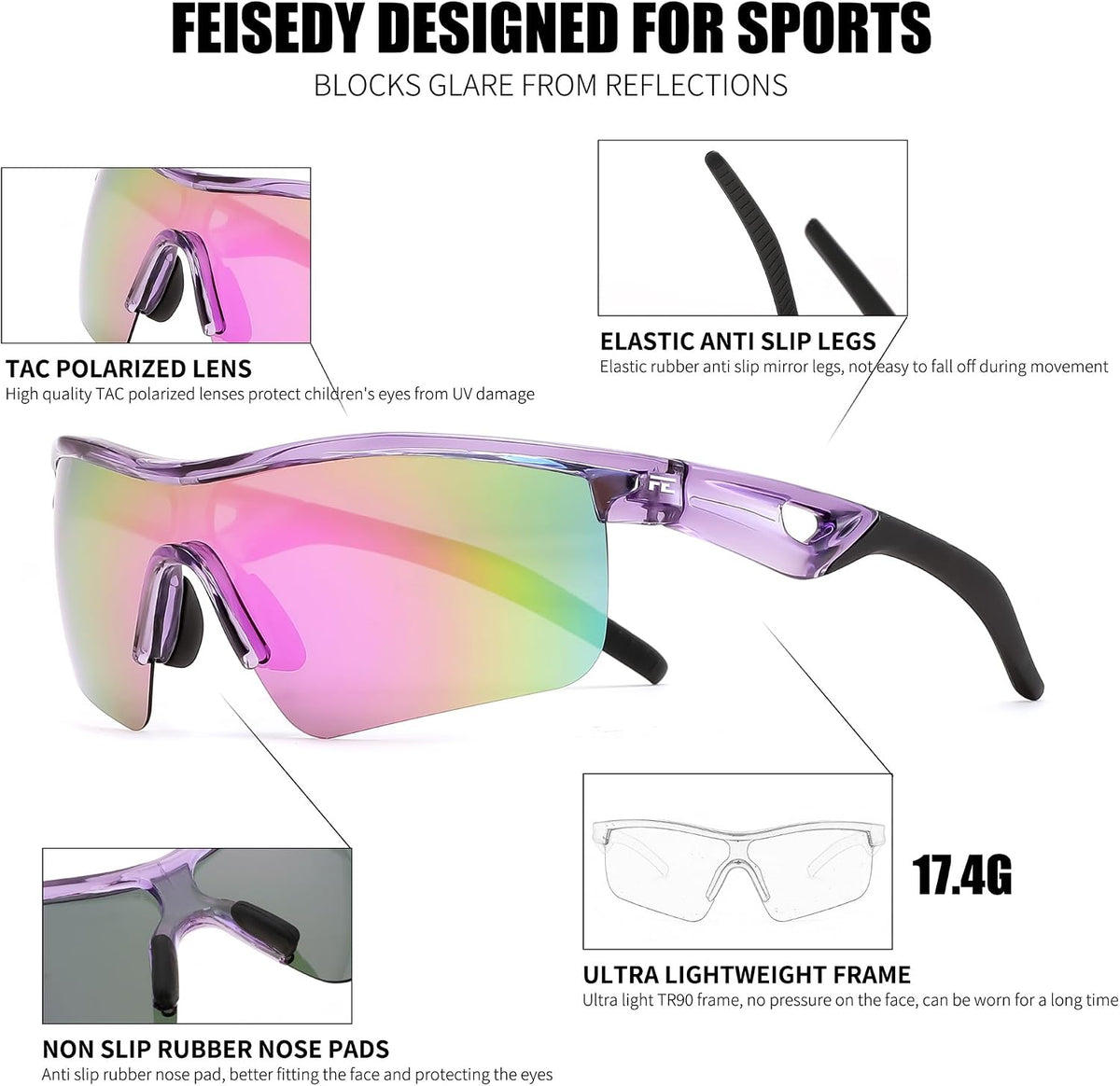 ÉÌƷͼƬ 19 | B07JZ18KMZ | FEISEDY Kids Polarized Sports Sunglasses, TR90 UV400 Baseball Cycling