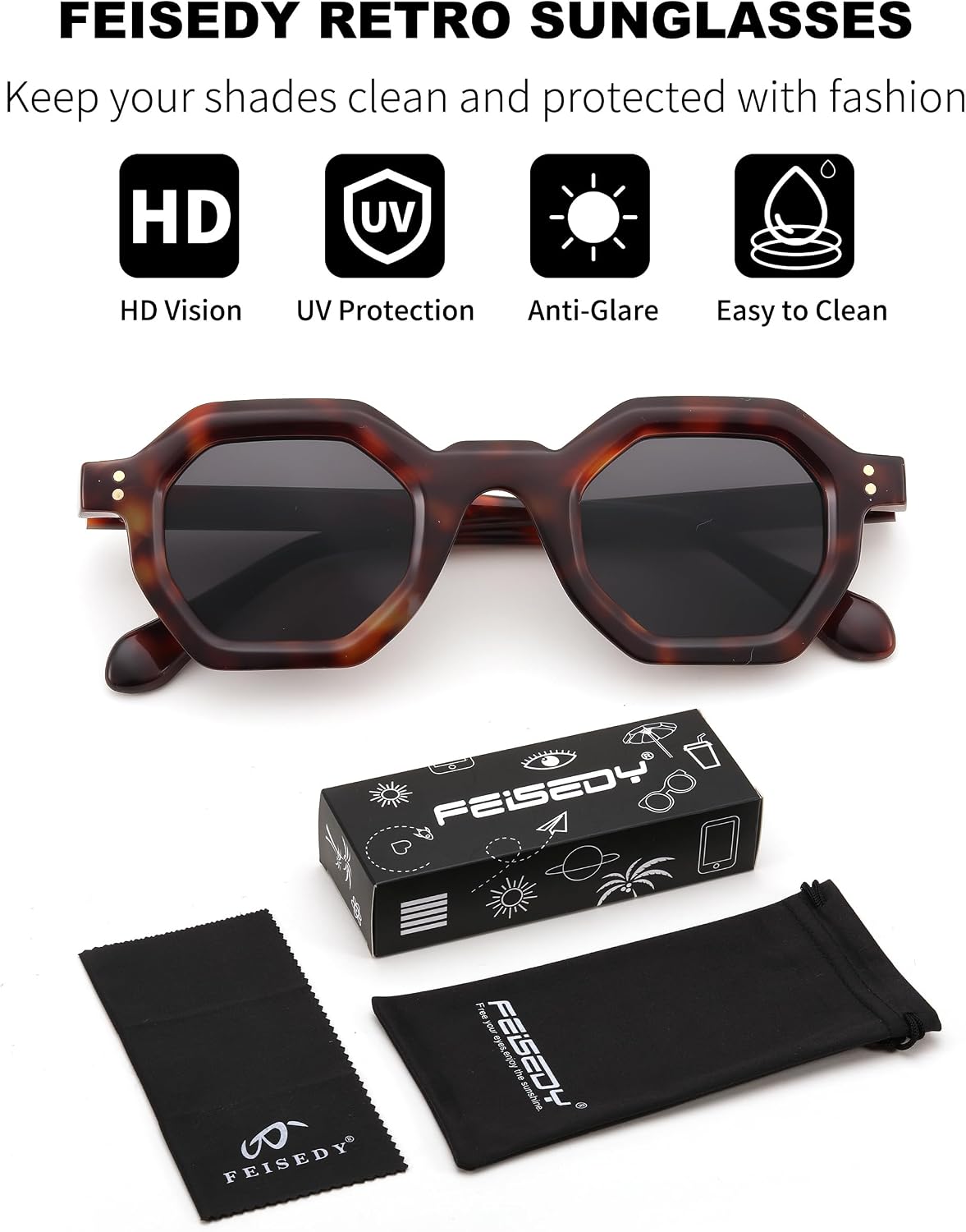 商品图片 30 | B0CSJQ26W8 | FEISEDY Octagon Sunglasses for Women - Thick Frame Fashion Rectangle Sun Glasses - Summer UV400 Protection