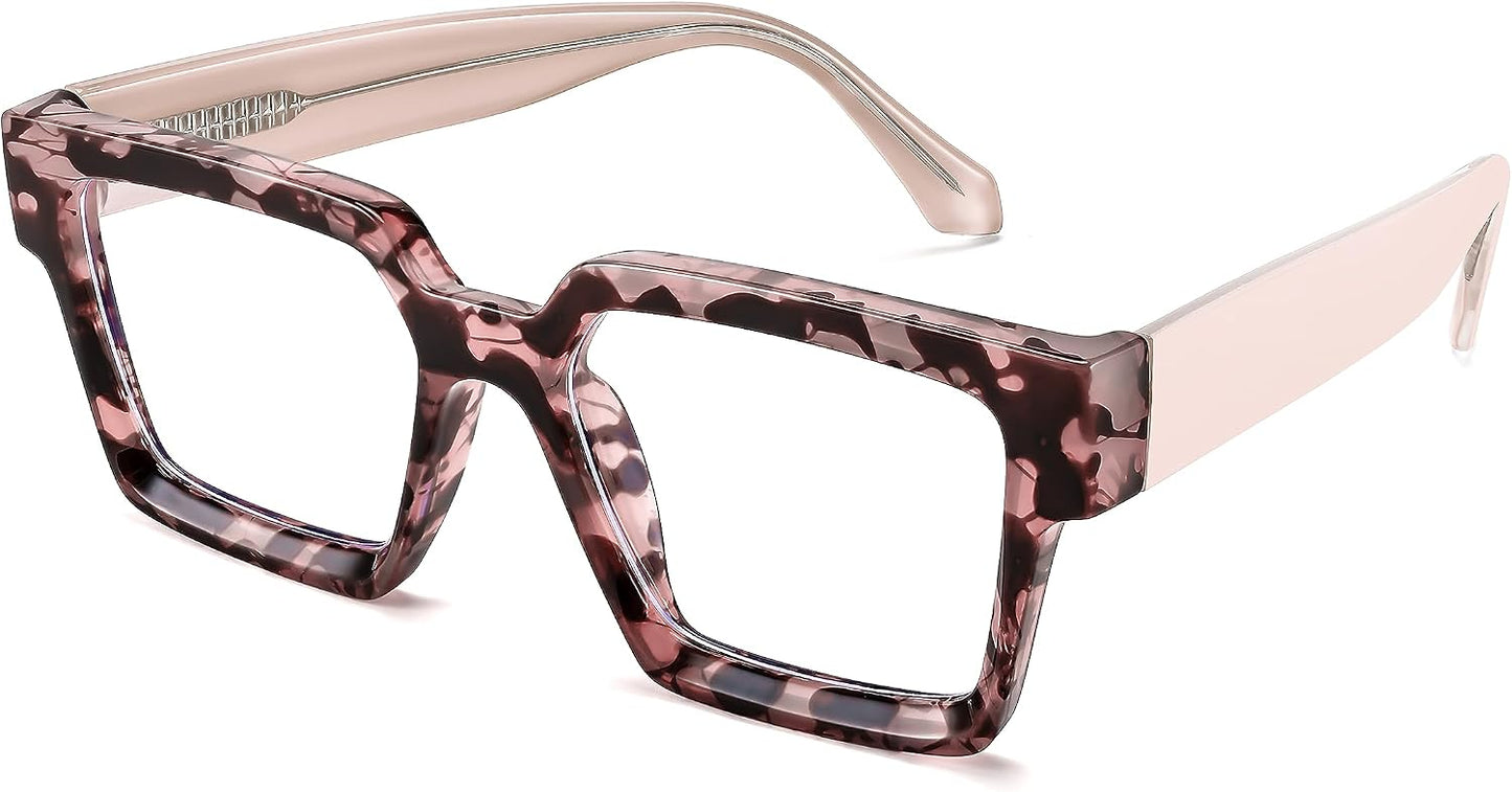 004 - Pink Leopard / 53 Millimeters | B0CDBFSRCC | FEISEDY Oversized Blue Light Glasses for Women Men TR90 Retro Square Anti Eyestrain Glasses Rectangle Fashion Frame B0037