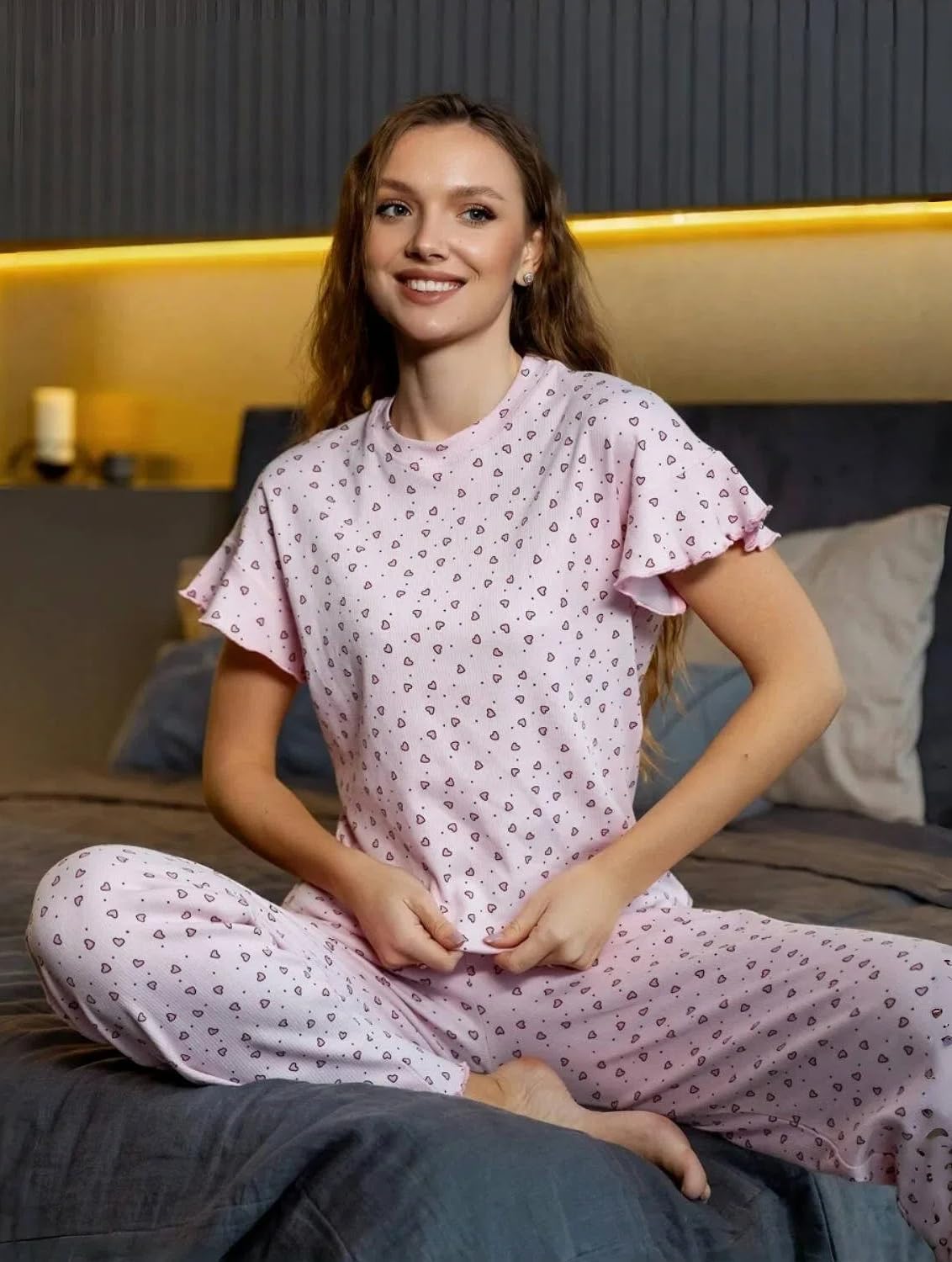 商品图片 5 | B0GXHH98M1 | Womens Pajamas Sets 2 Piece Short Ruffle Sleeve Cute Printed Pj Sets Soft Loose Lounge Sleepwear for Women