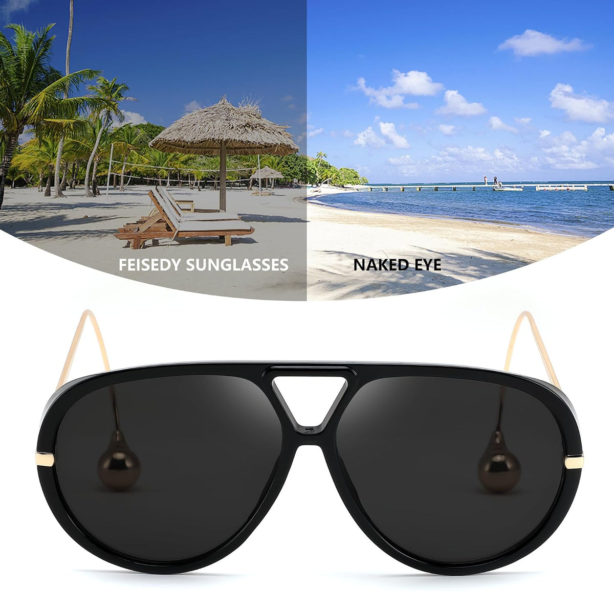 ÉÌƷͼƬ 39 | B0F8N8W8JM | FEISEDY Oversized Aviator Sunglasses With Earring Design for Women Large Big Frame Luxury Designer Shades for Ladies B0296