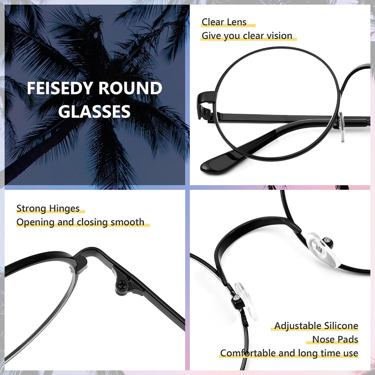 商品图片 7 | B0DSPCTJN4 | FEISEDY Metal Round Glasses for Men Women Retro Nerd Eyeglasses Classic Clear Lens Frame Costume Accessories B0275
