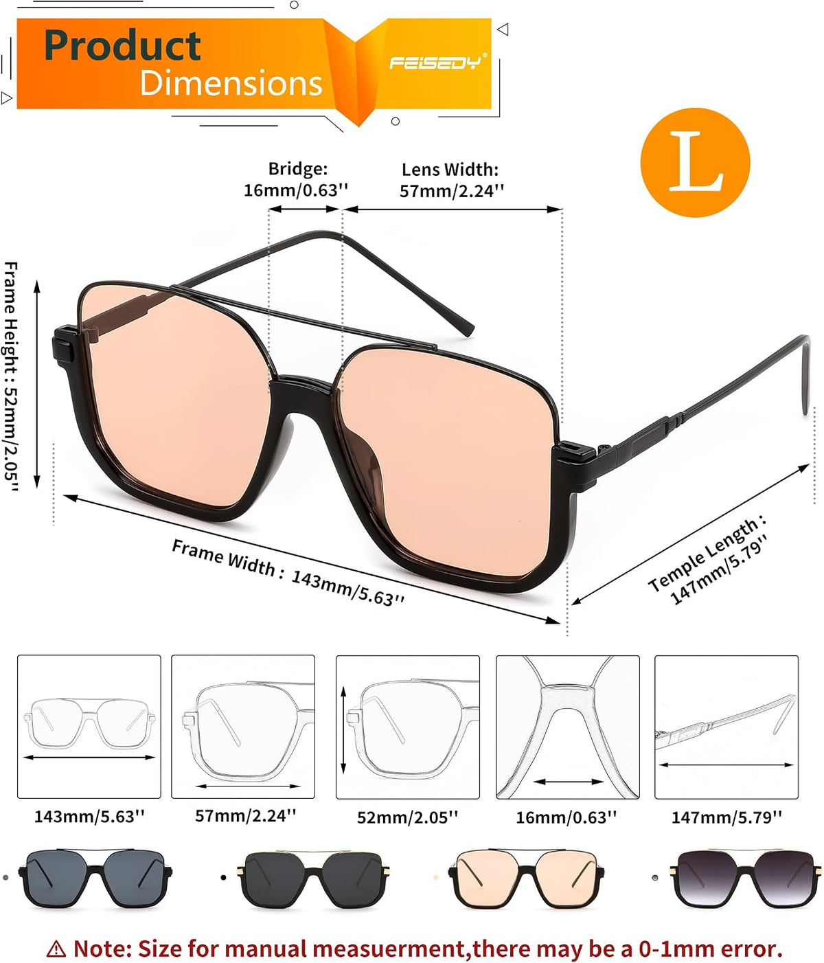 ÉÌƷͼƬ 27 | B0GXYGJLHV | FEISEDY Retro Square Aviator Sunglasses for Women Men Y2K Oversized B0432