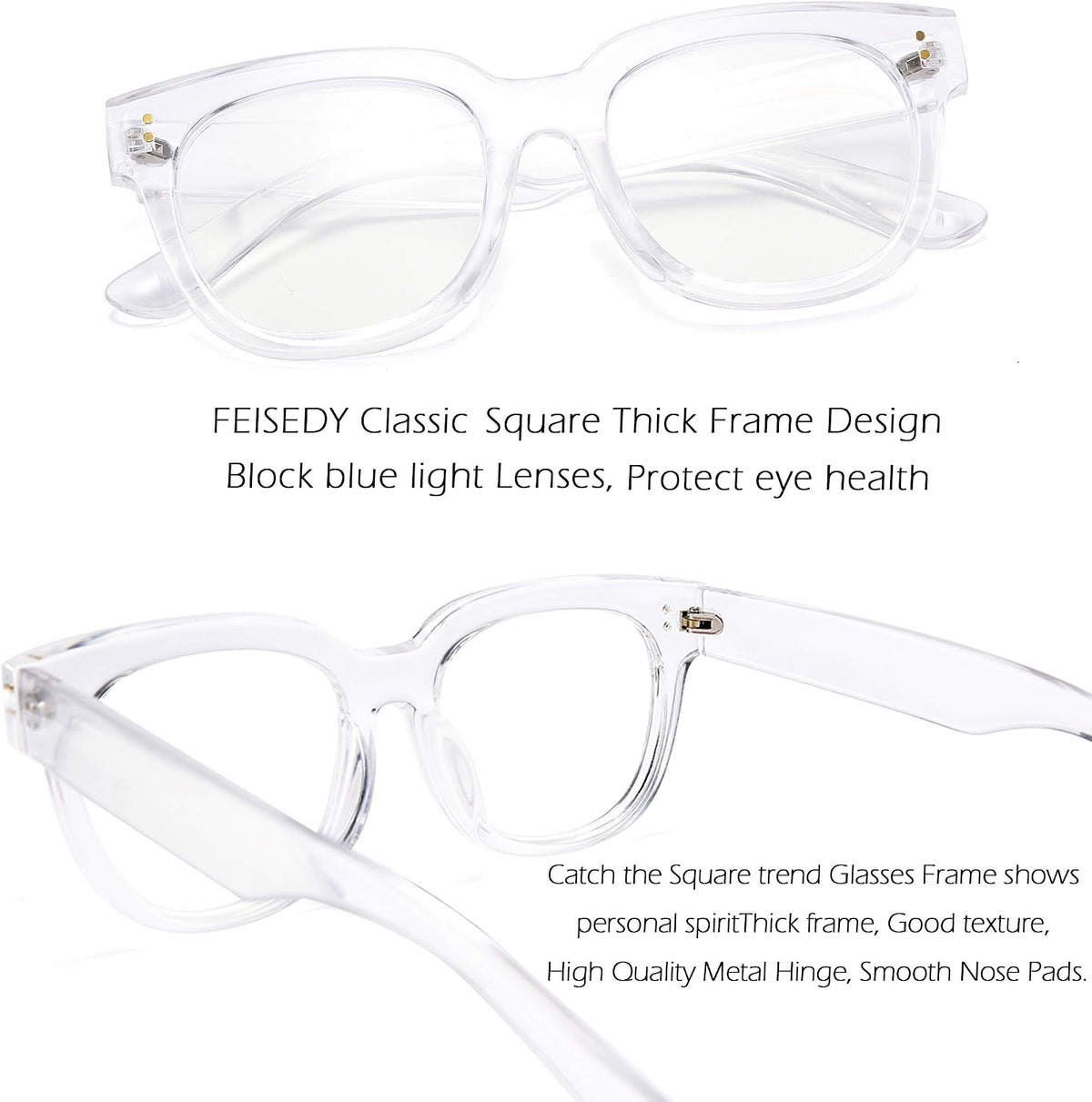商品图片 13 | B08MFD4QG6 | FEISEDY Retro Square Anti Blue Light Blocking Glasses Women Thick Oversized Computer Eyeglasses Double Metal Studs B2689