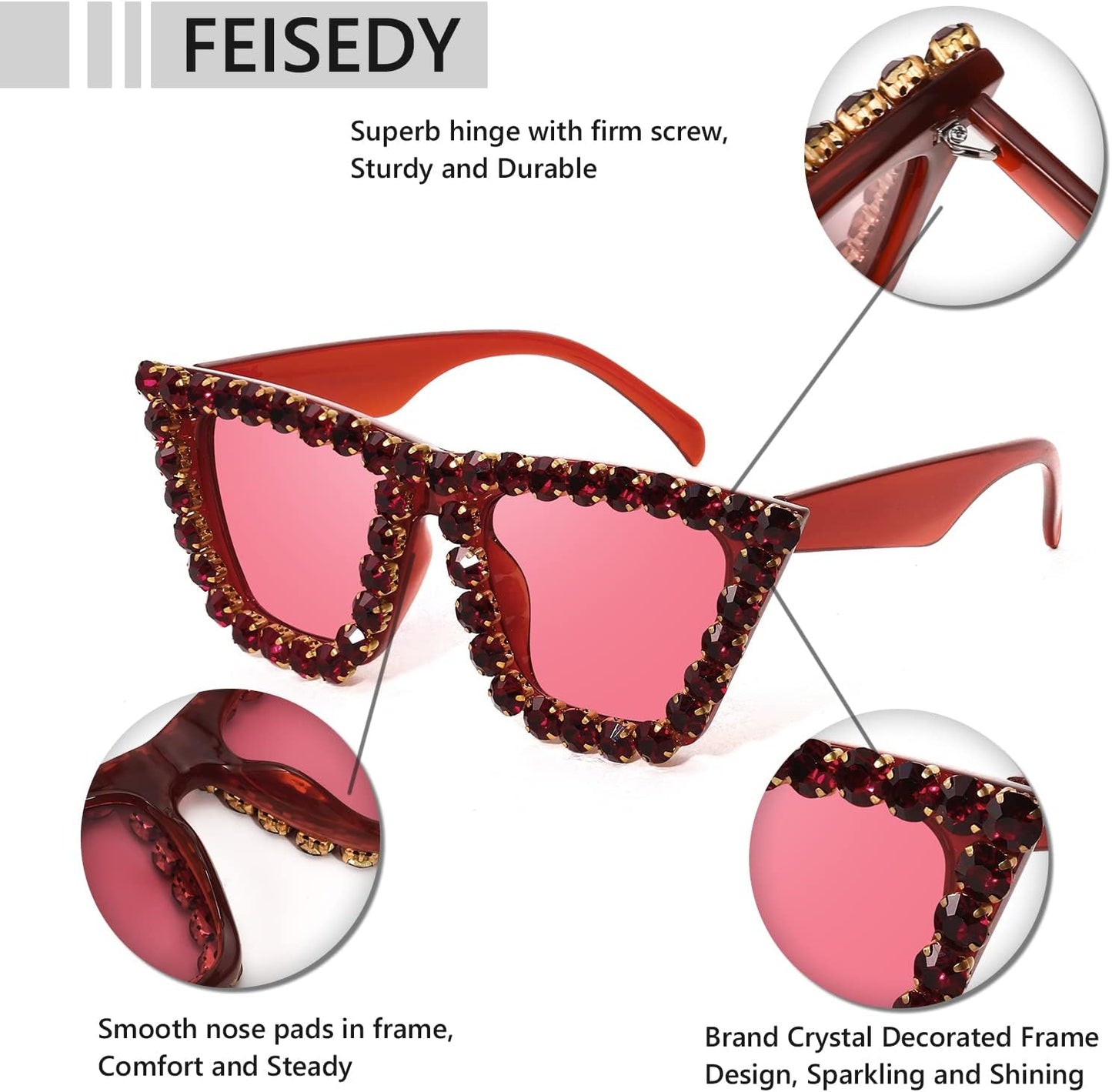 商品图片 16 | B09V7X56D4 | FEISEDY Women Crystal Square Cat Eye Sunglasses Sparkling Trendy Retro Cateye Sunglasses B2898
