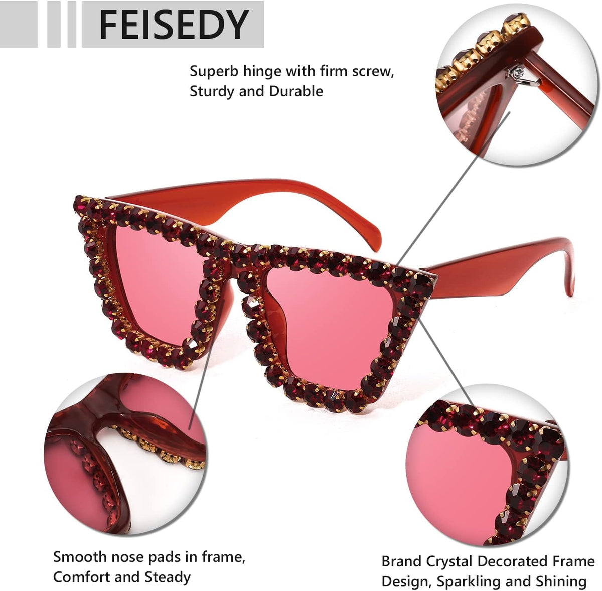 ÉÌƷͼƬ 16 | B09V7X56D4 | FEISEDY Women Crystal Square Cat Eye Sunglasses Sparkling Trendy Retro Cateye Sunglasses B2898